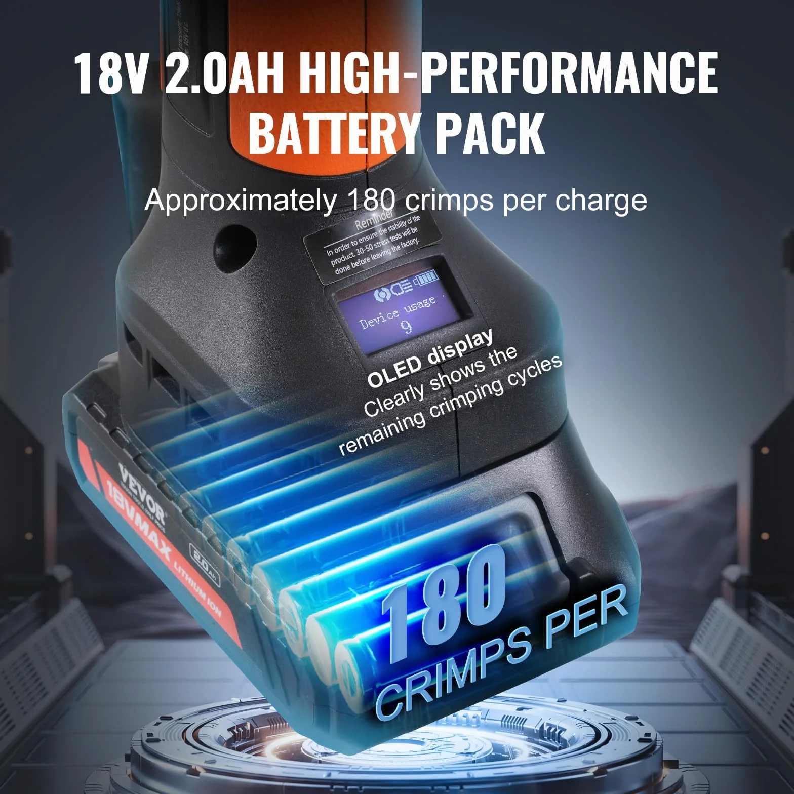 VEVOR Kit de Herramientas para Engarzar Tuberías Eléctricas con 2 Baterías de 18 V 2,0 Ah, Engarzadora Profesional con Mandíbulas V15, V22, V28, Cargador Rápido y Estuche de Transporte 360°