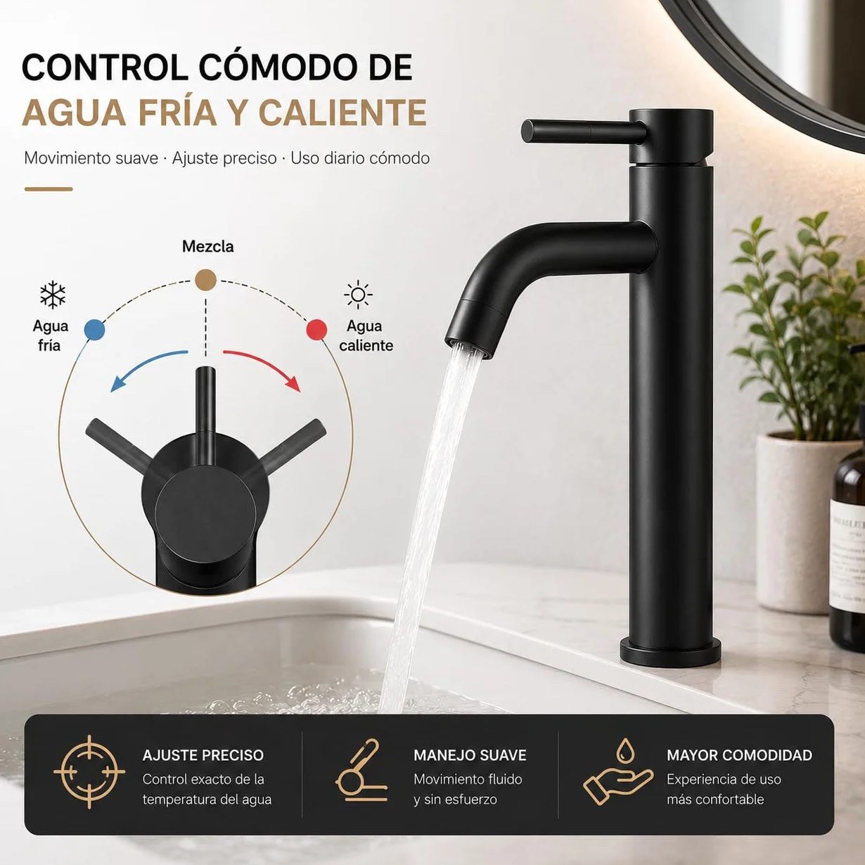 Grifo de Lavabo Alto Monomando para Baño, Acero Inoxidable, Acabado Negro Premium Resistente al Desgaste, Diseño Moderno y Minimalista(ALTO NEGRO)