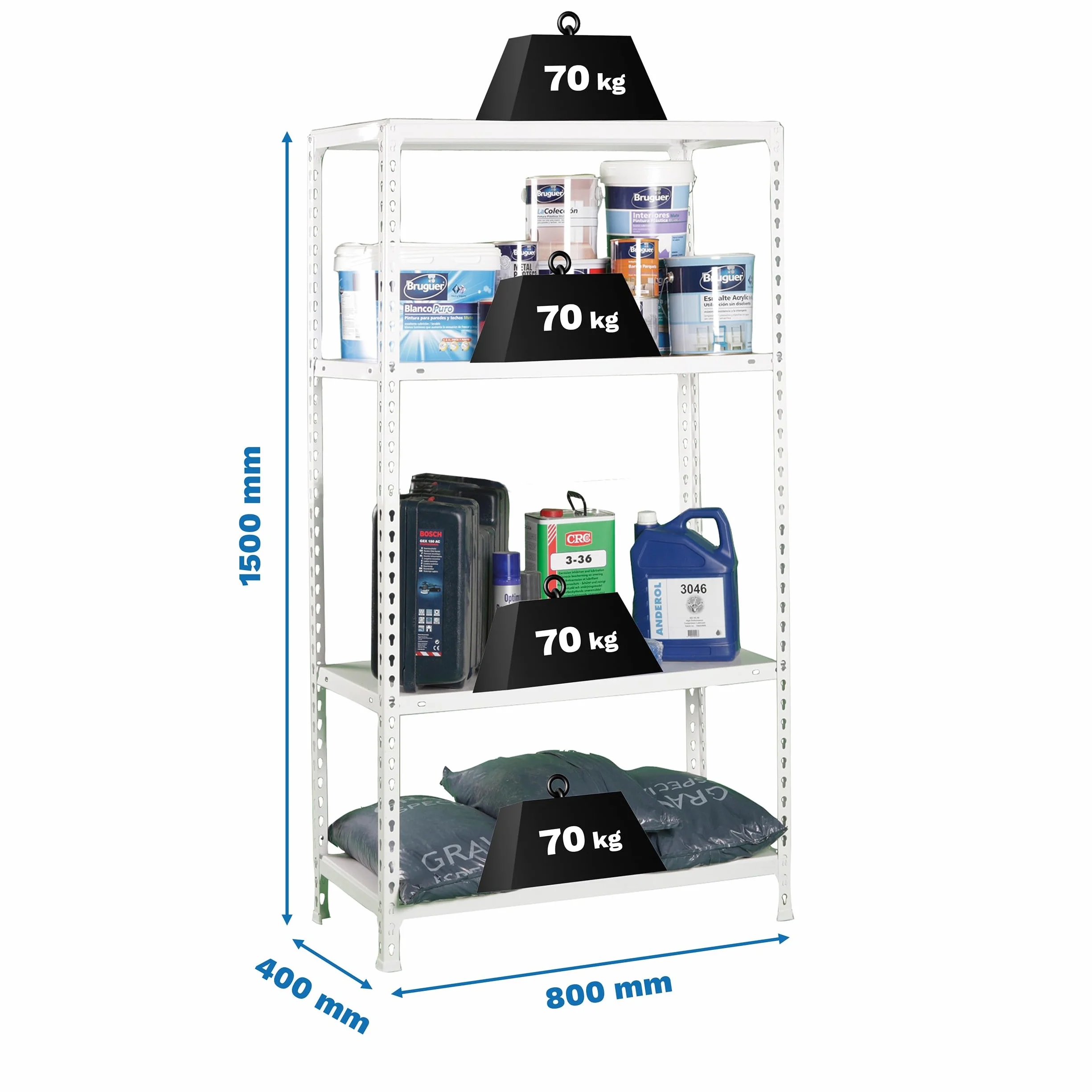 SimonRack Estantería Metálica Almacenaje 4 Niveles Capacidad Carga 70 kg, Blanco, 150x80x40