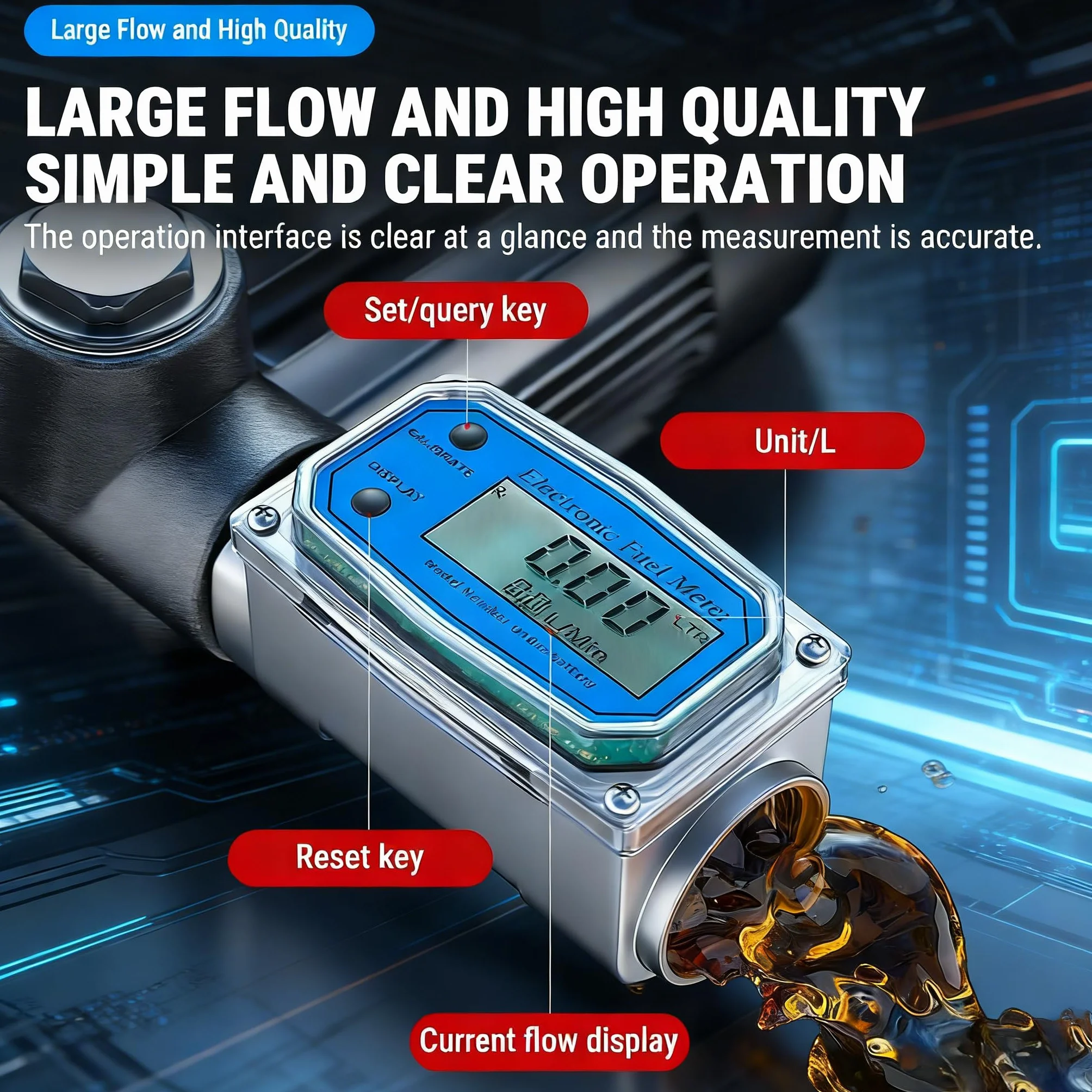 15-120L 1" NPT Medidor Flujo Agua de Turbina Digital, Medidor de Caudal de Combustible con Pantalla LCD, NPT 15-120 l/min, Medidor de Caudal de Turbina de 1 Pulgada, para Diésel Queroseno y Gasolina
