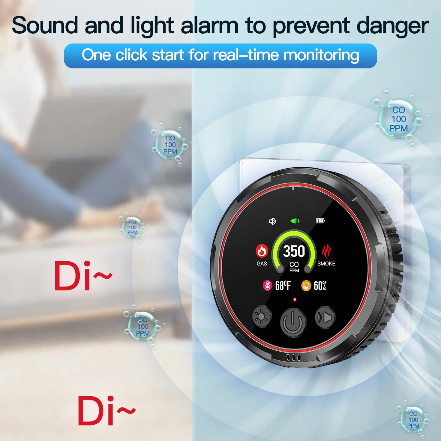 Plug-in 5-en-1 Detector de Humo & Monoxido de Carbono & Combustible Gas Combinación con Batería de Respaldo 1000mAh & HD Pantalla [CO Humo Gas Humedad Temp Alarma] Blanco, HD13-CGS