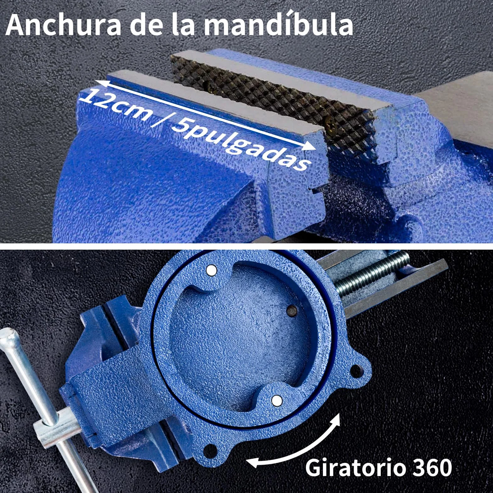 HYCHIKA Tornillo de Banco 125mm(5 pulgadas), 360 ° Se Puede Girar, Tornillo de Banco de Trabajo de Hierro Fundido, para Madera Metalurgia Perforación