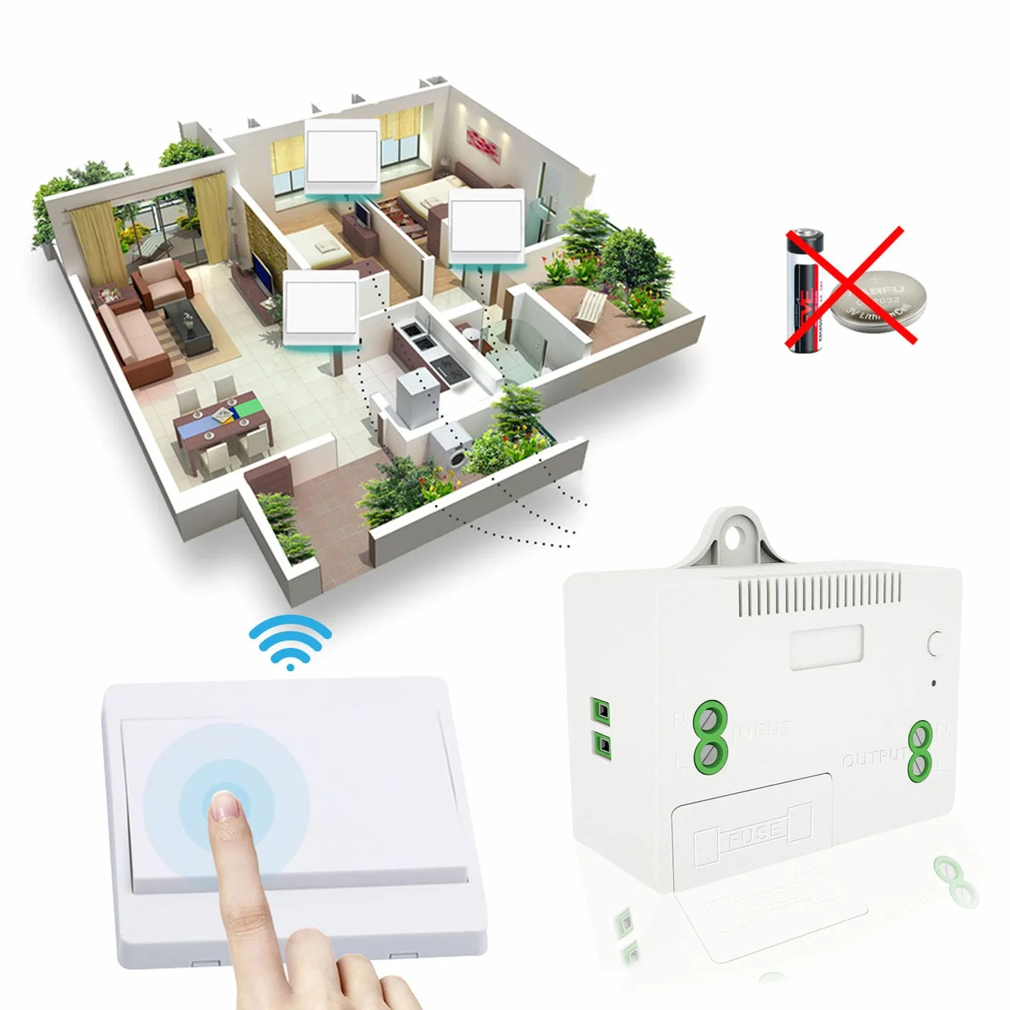 DieseRC Interruptor de luz inalámbrico autogenerado, interruptor de radiofrecuencia y receptor de relé, controlador con fusible, interruptor cinético sin batería (Kit 1 via 2 llaves)
