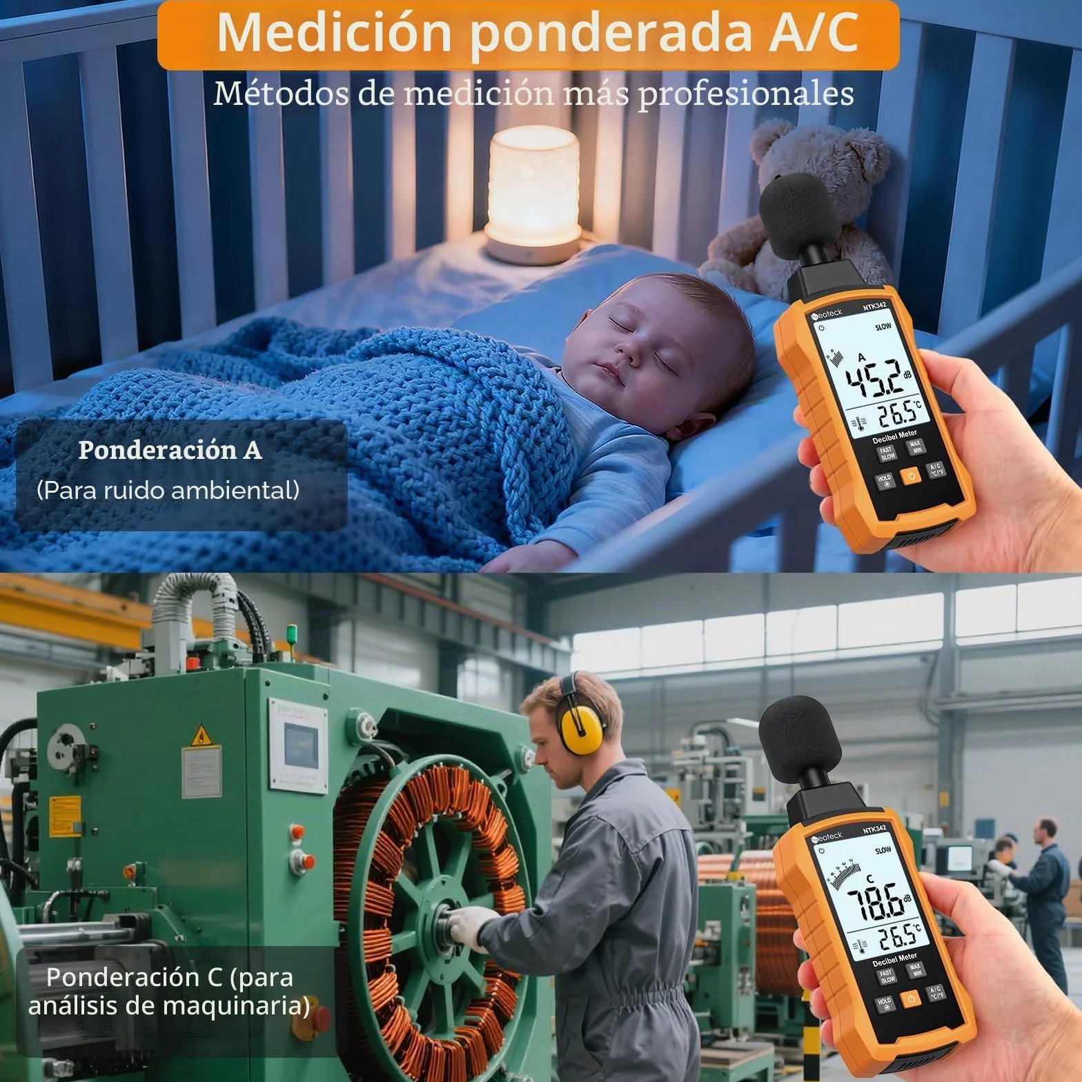 Neoteck Medidor Decibelios 30-130dB Medidor Portátil db con Ponderación A/C Sonometro con Pantalla Retroiluminada Blanca,MÁX/MÍN,Retención de Datos Sonometro para Hogar Oficina Fábrica