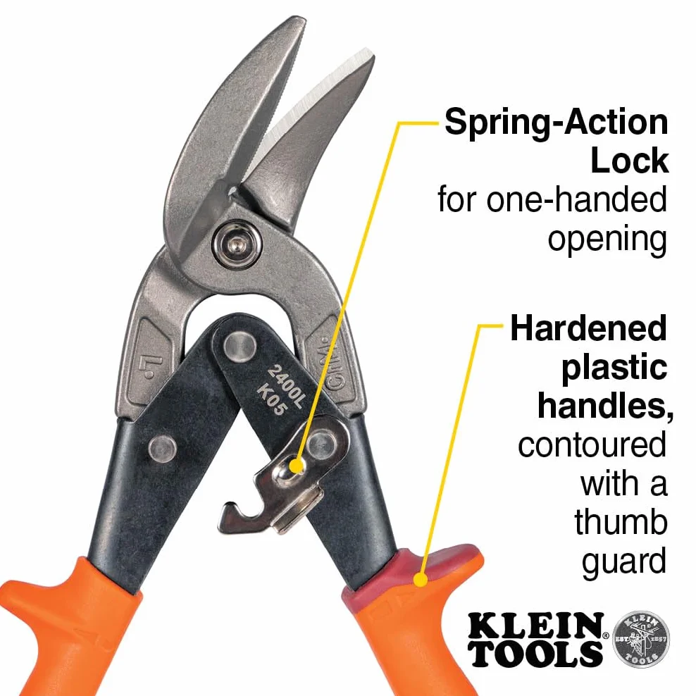 Klein Tools Tijeras compensadas de corte izquierdo 2400L, tijeras de hojalata de aviación con hoja forjada para corte de chapa de precisión