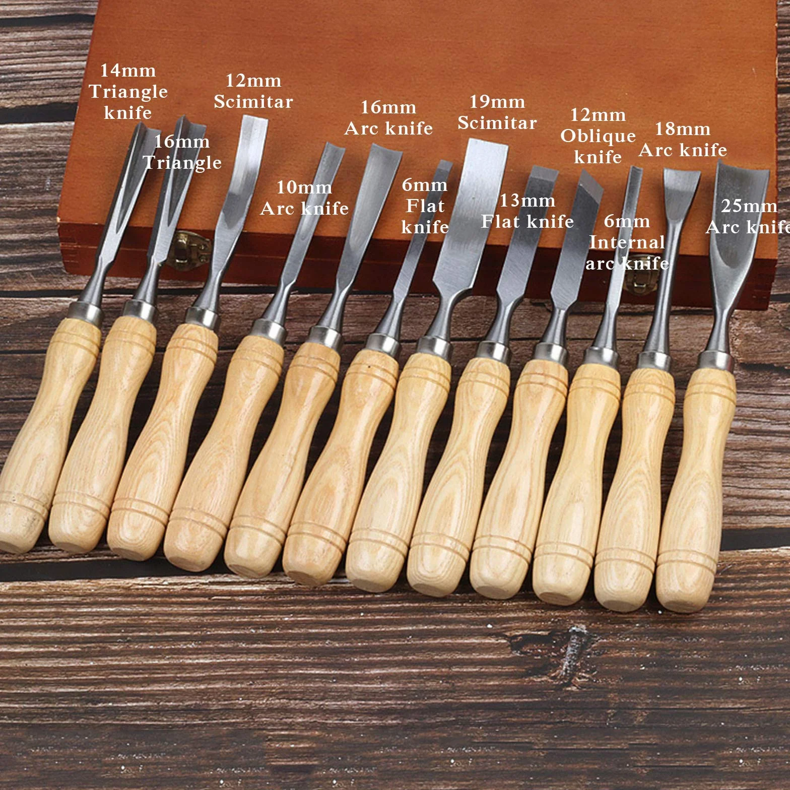 Del mismo tamaño de madera tallando las herramientas conjunto de 12 con la caja de madera - Formones Cinceles Cuchillo de trinchar para principiantes, aficionados y profesionales