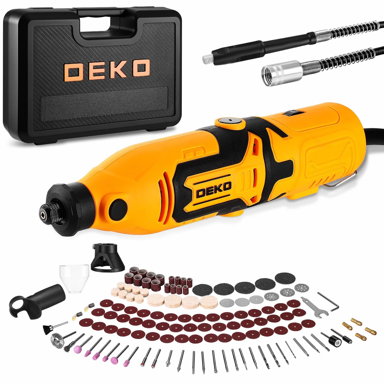 Mini amoladora rotativa multiusos: DEKOPRO 170 W, kit de accesorios 127, velocidad variable 8000-35000 rpm - Herramienta multiusos para cortar, taladrar, pulir, limpiar, Amarillo
