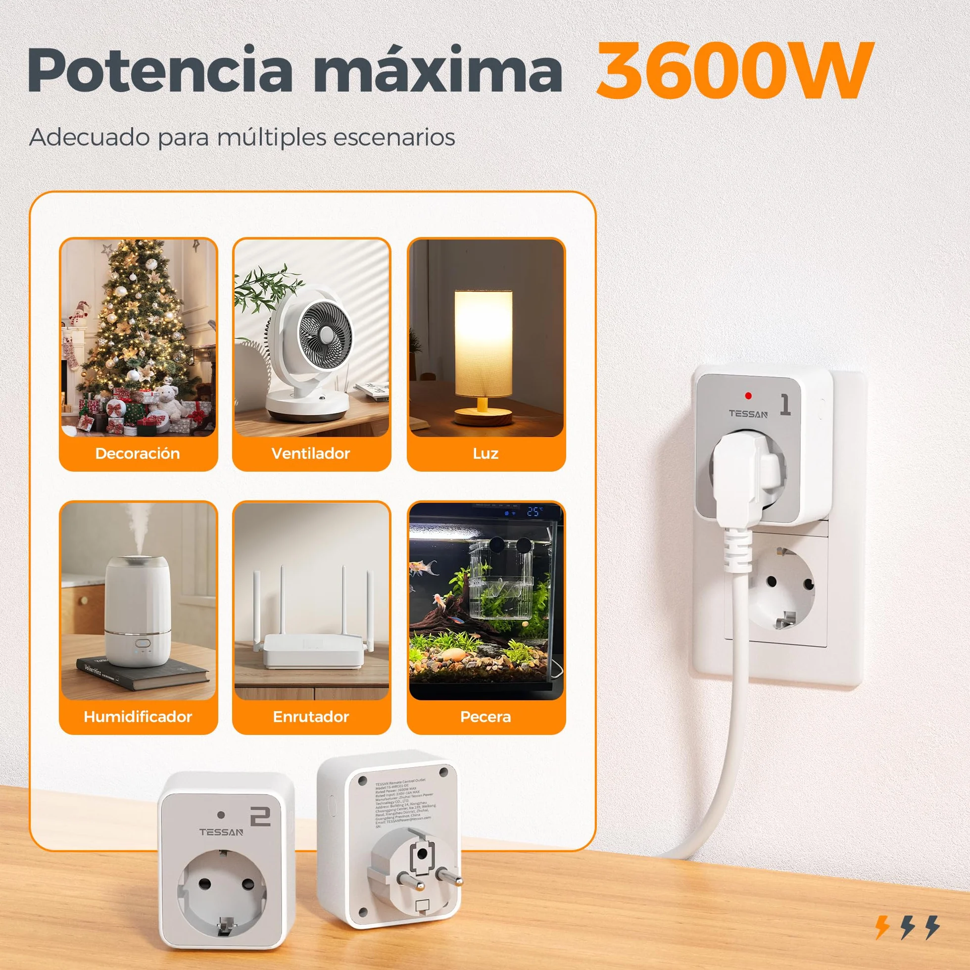TESSAN Kit de Enchufe con Mando a Distancia | 3 Enchufe Programable con 1 Mando a Distancia, Alcance de 30,5M, para Adornos, Electrodomésticos y Lámparas, 3600 W, Gris