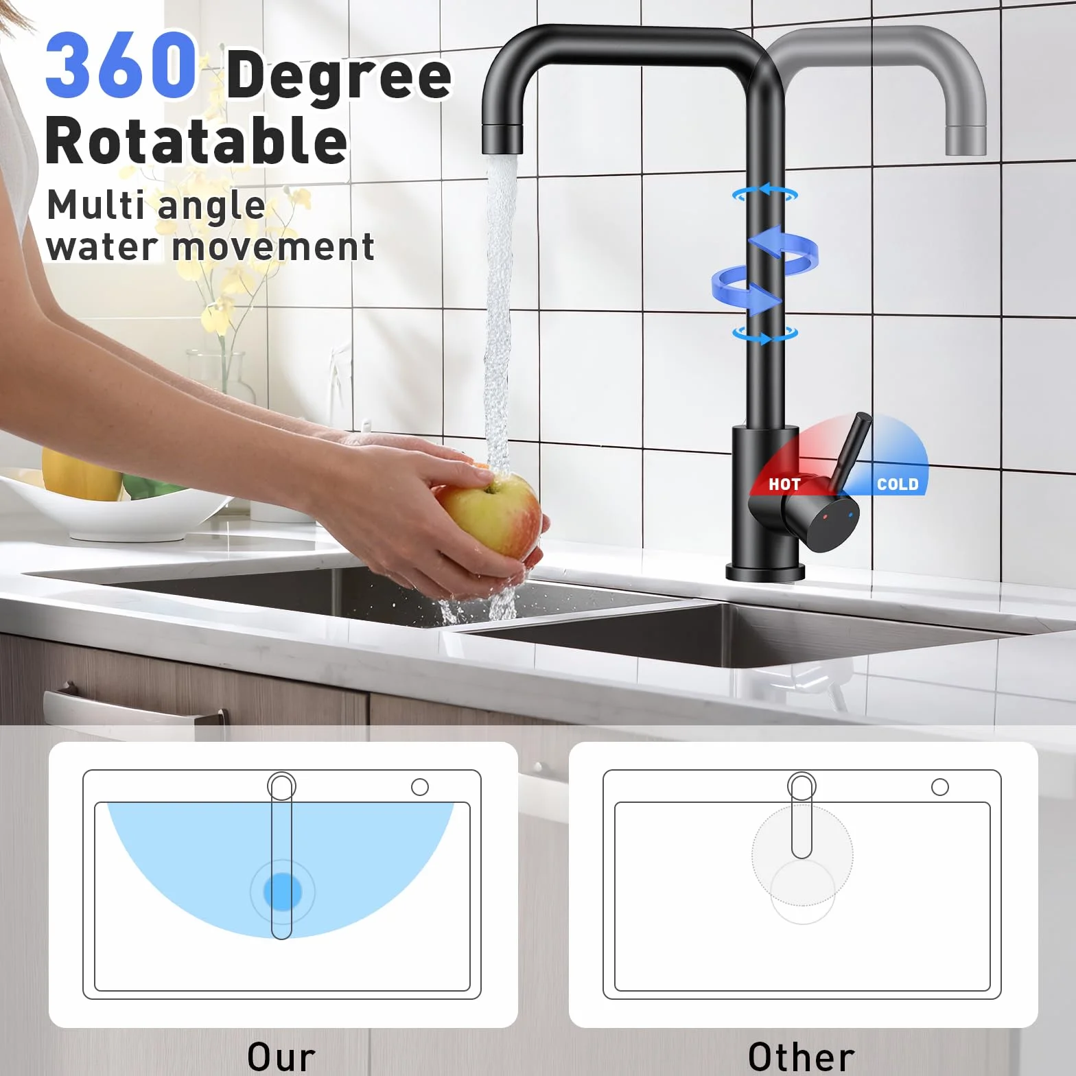 Grifo Cocina, Grifos Cocina Fregadero Giratorio 360°, Grifo de Cocina Agua Caliente y Fría de Acero Inoxidable 304,Cozinha L Monomando-Grifería Monomando con conectores 3/8-Schwarz