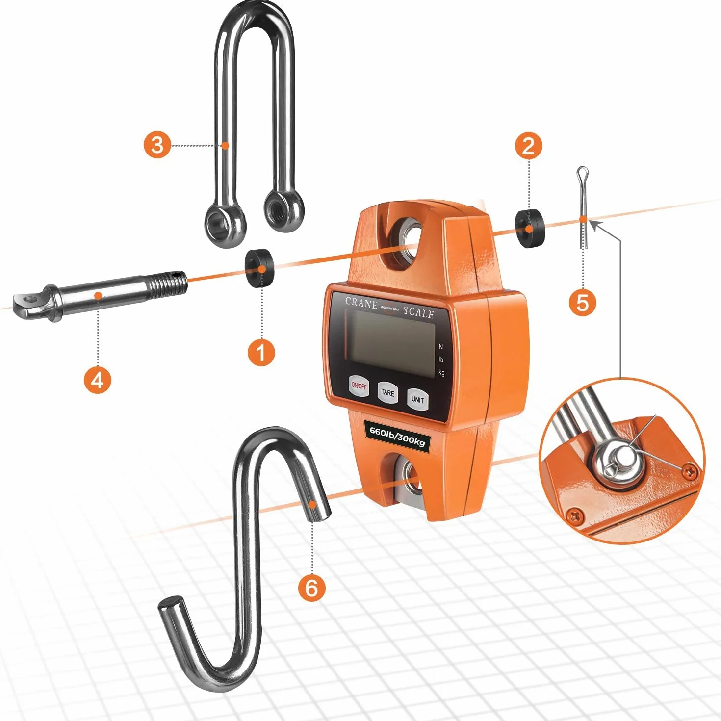 Báscula de Gancho, Gancho 300 kg/660 lb, Precisión +/- 50g, Pantalla Digital, Tara, Báscula Electrónica, Alimentación 3x AA, Tiempo de funcionamiento hasta 150h, HDWR wagPRO-H300