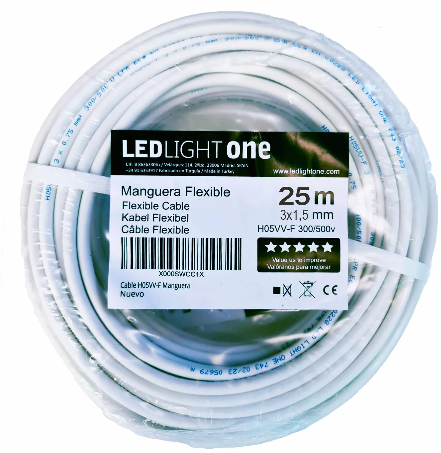 Cable Eléctrico H05VV-F Manguera 3x1,5mm 25m Blanco, Tensión de Servicio 500v, Temperatura Máxima de Trabajo 70º, para Instalaciones Fijas y Móviles en Locales Domésticos y Oficinas