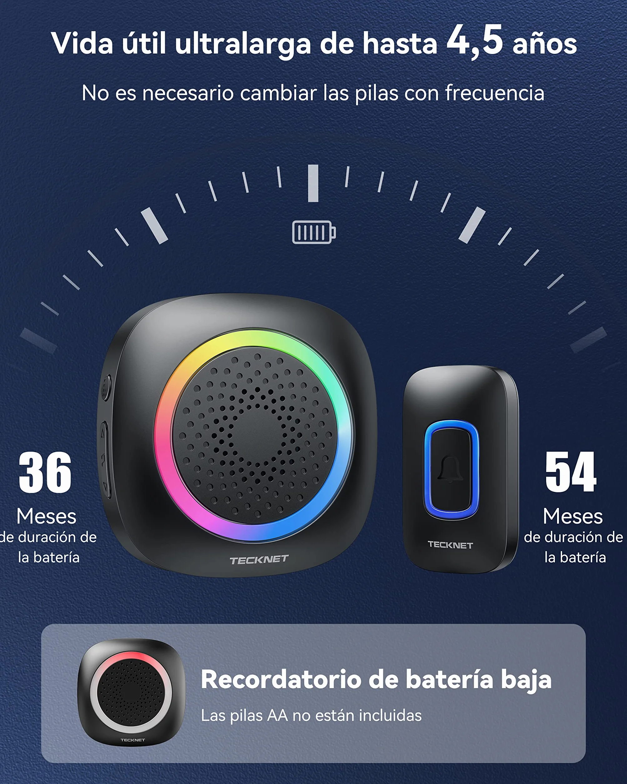 TECKNET Timbre Inalámbrico Funciona con Pilas, 400M Alcance RGB Timbre Inalámbrico Exterior Impermeable IP66, 5 Niveles de Volumen (0-110dB) y 60 Melodías para Hogar/Hotel/Oficina/Emergencia, etc