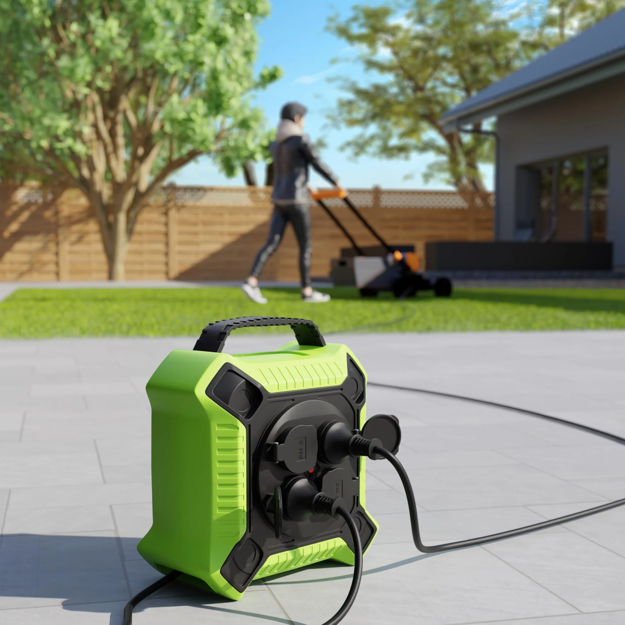 MutecPower Alargadera 10 metros IP44 enrollacables 10m enrollador de cable para exteriores con 4 tomas schuko de corriente protegidas, alargador H05RR-F 3G1,5 Negro/Verde