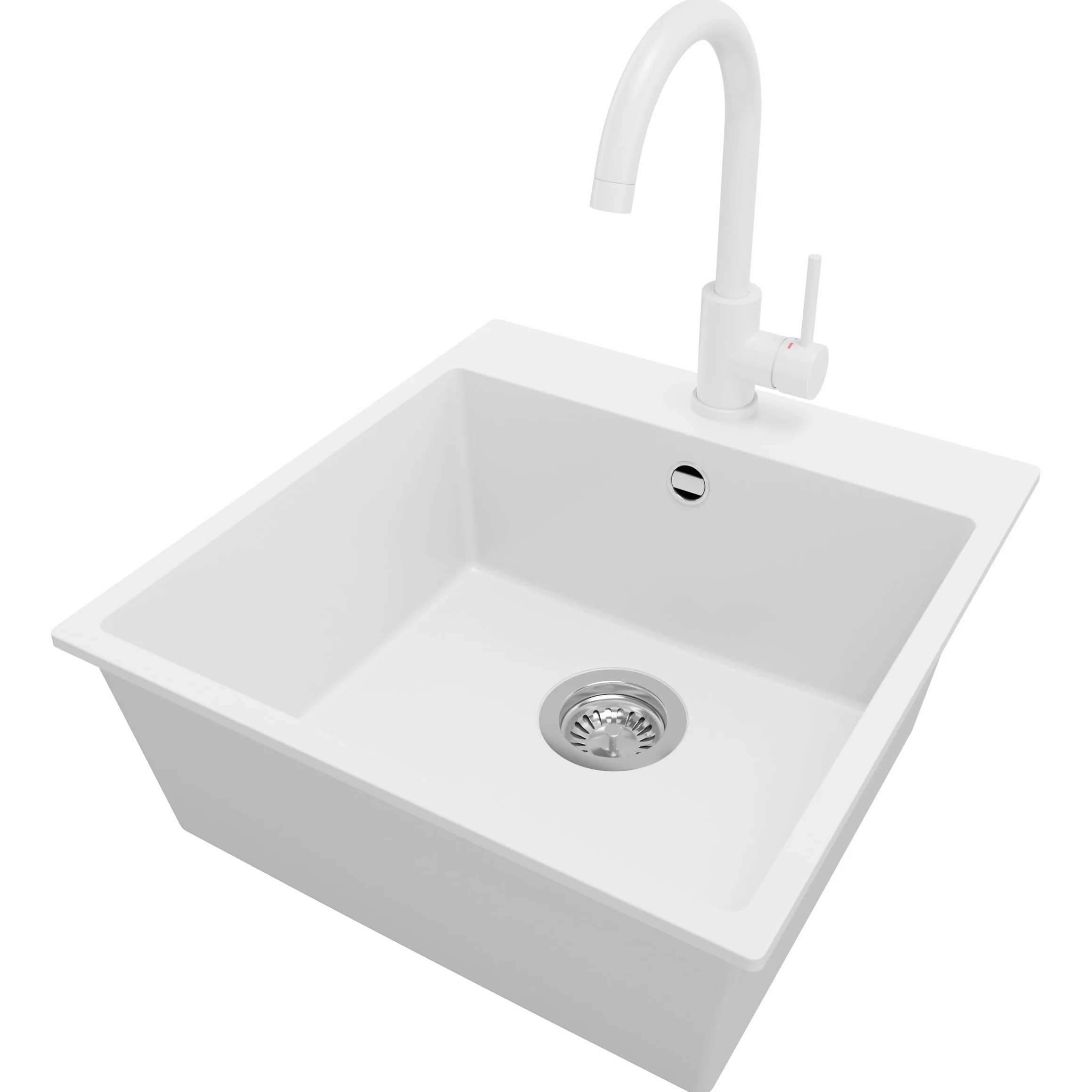 PRIMAGRAN Fregadero Granito Blanco 48x50cm, Cocina 1 Seno + Grifo 32x20cm + Sifón, Sobre Encimera al Mueble 50cm - Riga S227