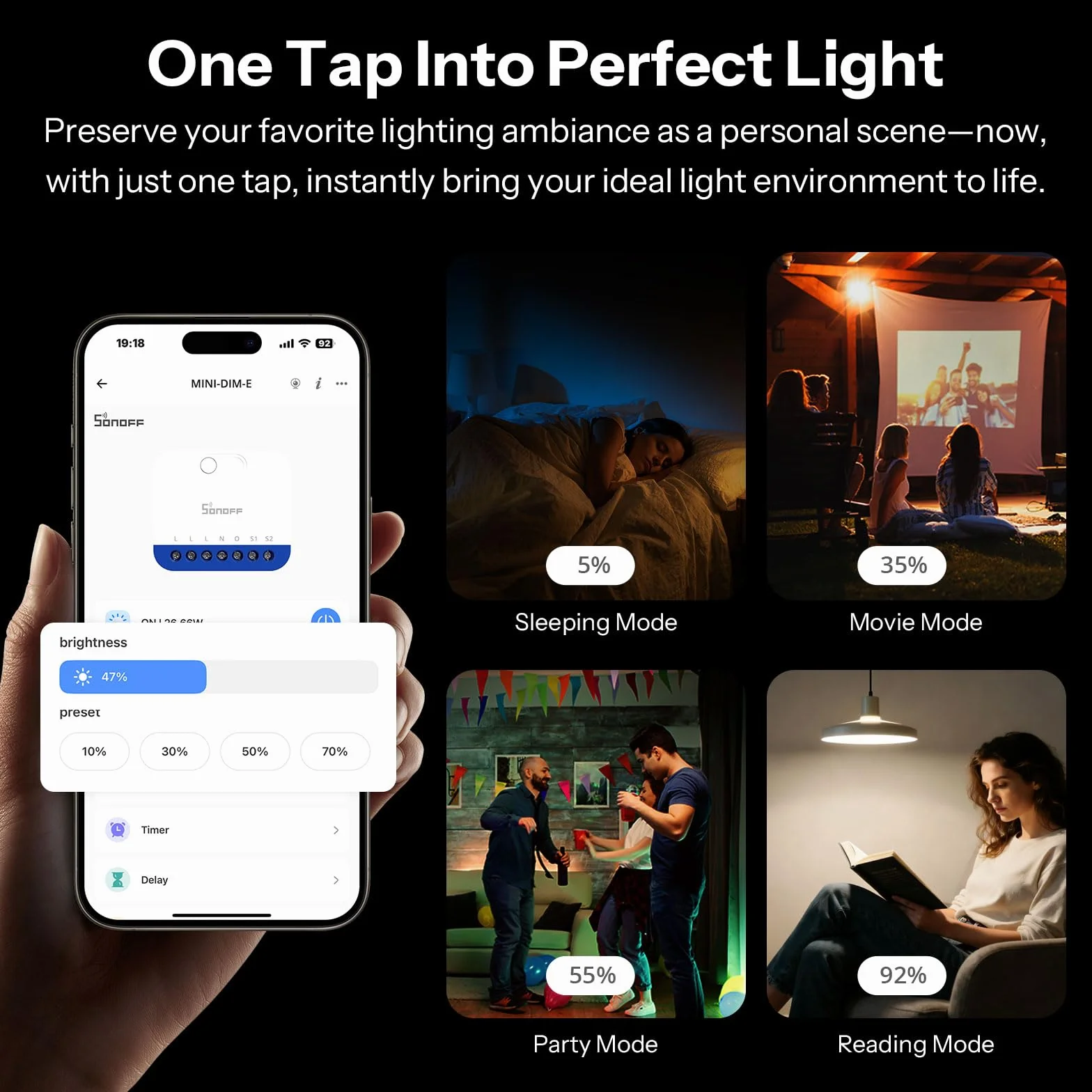 SONOFF Fusion, Orb-DIM(MINI-DIM-E), Interruptor Regulador Inteligente Matter, Wi-Fi 2.4GHz, Cable Neutro Requerido, para Lámparas LED/Incandescentes/Halógenas Regulables, Compatible con Siri y Alexa