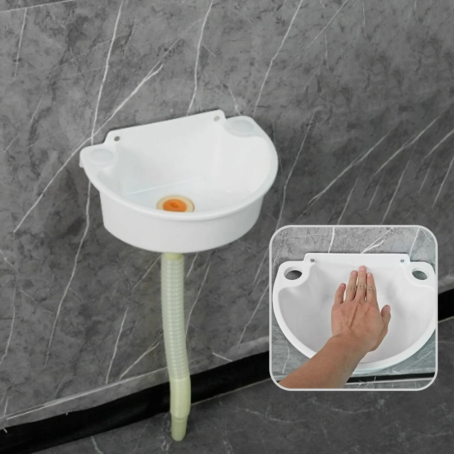 Lavabo simple de plástico,lavabo pequeño sin perforación y pared, lavamanos mini,lavabo pequeño en el balcón del baño de tipo pequeño,con tubería de agua de plástico[Blanco]