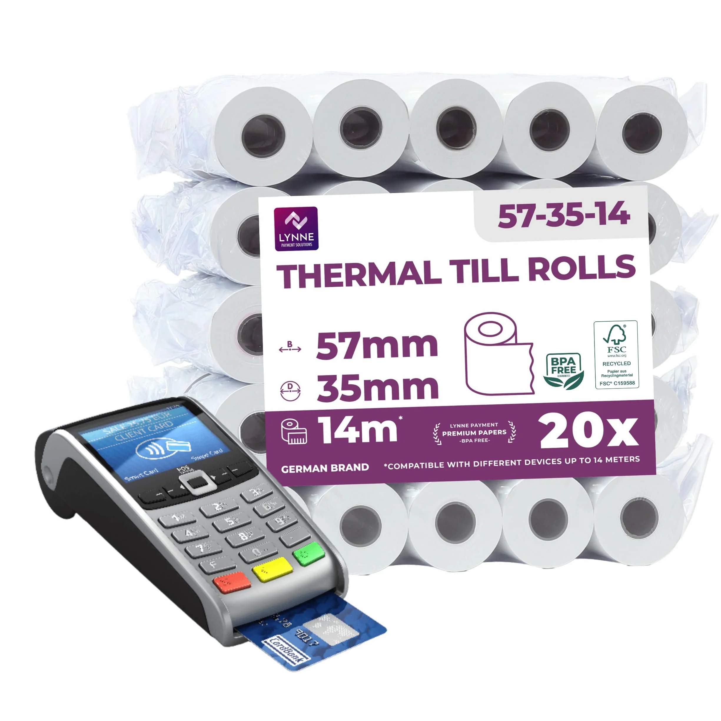 LYNNE - Rollos Papel Datafono Térmico 57x35x12mm para todos los TPV y las impresora térmica - Rollo papel térmico 57mm x 35mm x 14m - Ideal para máquinas de tarjetas de Crédito - Papel TPV [20x]