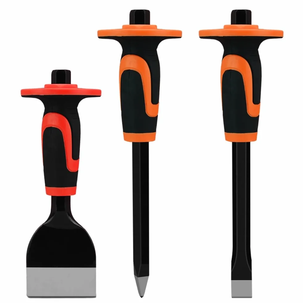 Airless SJG Juego de 3 Cinceles de Albañil Con Salvamanos y Protector, Cincel de Ladrillo, Cortafríos Con Protección (240mm/300mm/300mm)