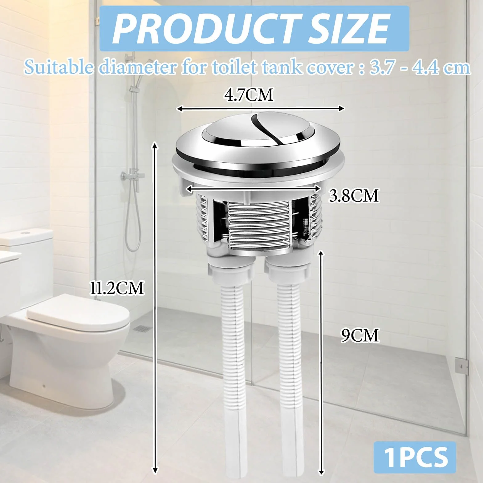 Botón Cisterna WC Universal, Doble Descarga, Kit Repuesto Pulsador, Compatible Diámetro 3,7-4,4cm, Diseño Plata