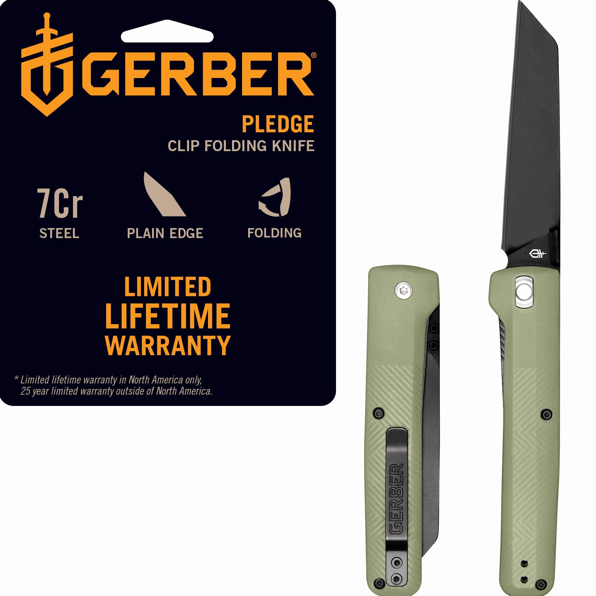 Gerber Navaja con Gancho para Cinturón, Hoja Negra de Acero Inoxidable 7Cr17MoV Tipo Tanto Invertido, Mango de Nylon Reforzado con Fibra de Vidrio, Longitud de la Hoja: 9,2 cm, Pledge, 1067525