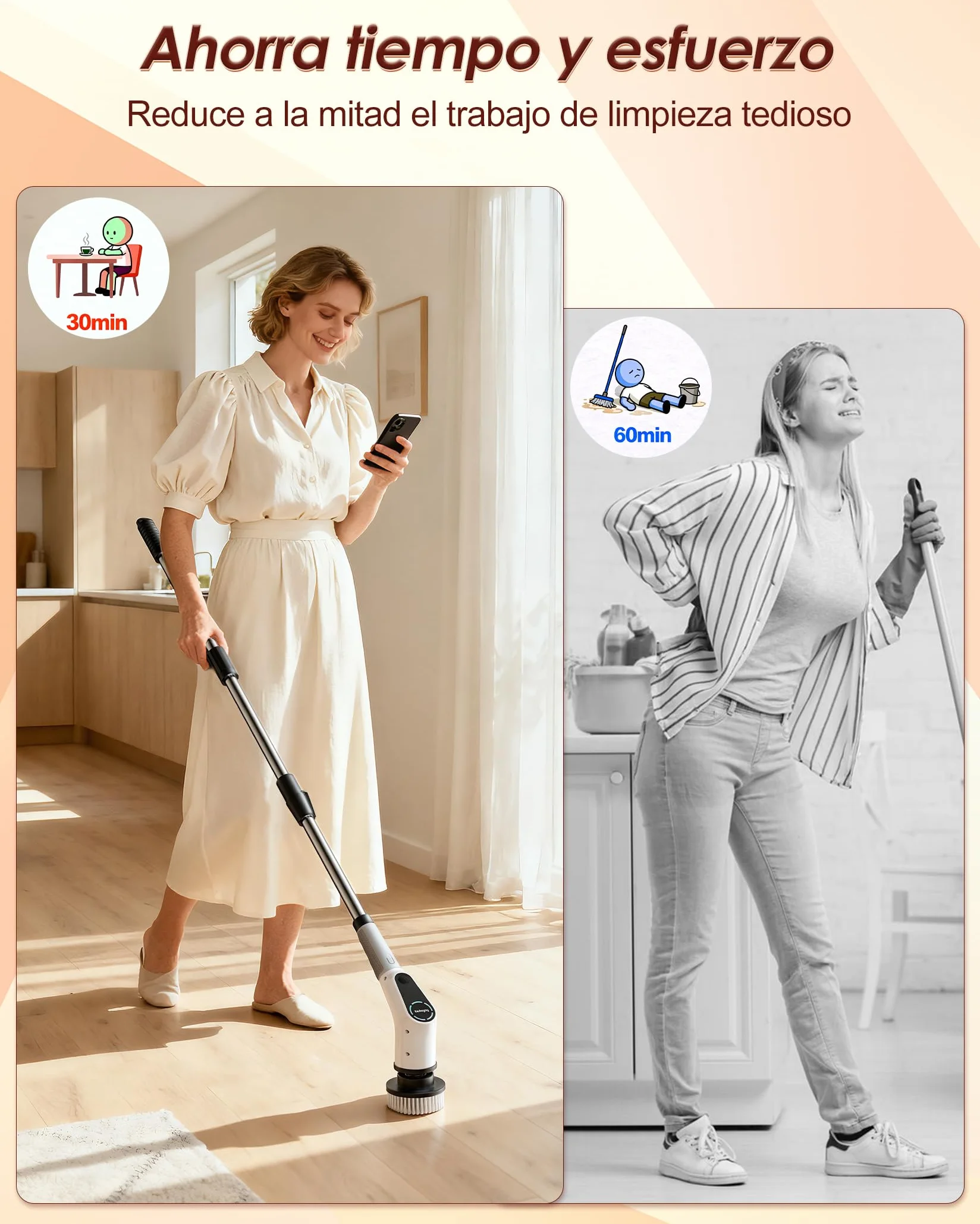 Cepillo Electrico Limpieza Hogar, Electric Cleaning Brush con 8 Cabezales Reemplazables, Electric Spin Scrubber con Mango Extensible, 2 Velocidades Ajustables, Para bañera, Lechada y Suelo de Baldosas