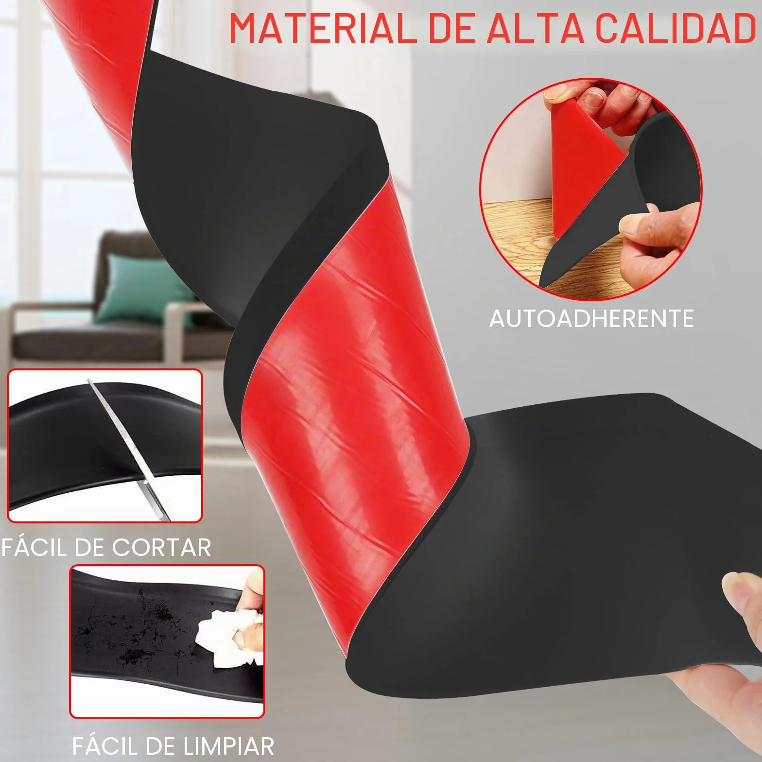 MENAYODA Rodapié blando de PVC, Listón adhesivo de 10 cm de ancho, Listón decorativo flexible con pliegues en forma de S para cubrir juntas en las esquinas (12m, Negro)