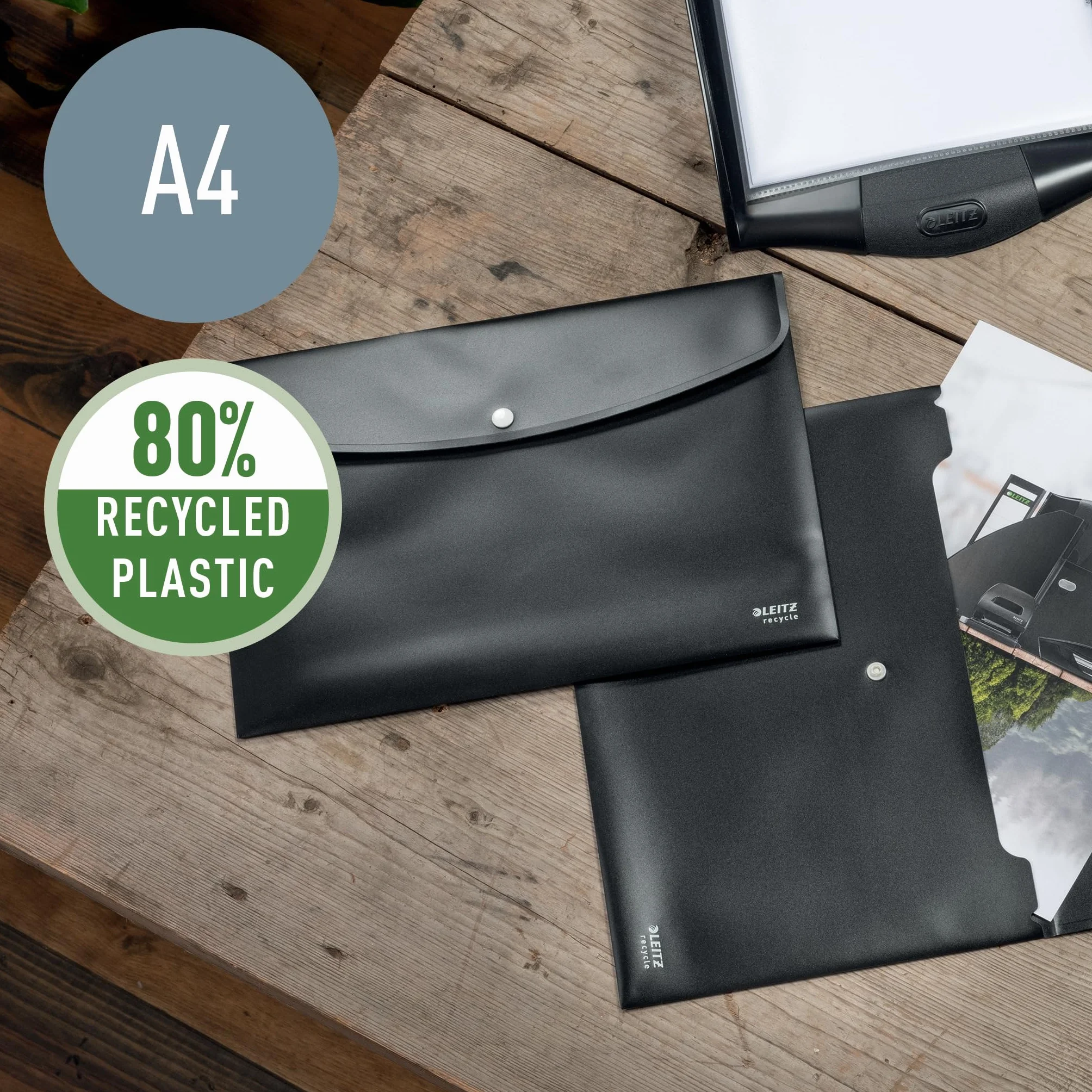 Leitz Sobre para Documentos A4 con Solapa de Cierre, 60 Hojas, Plástico Opaco, Reciclable, Gama Recycle, Negro