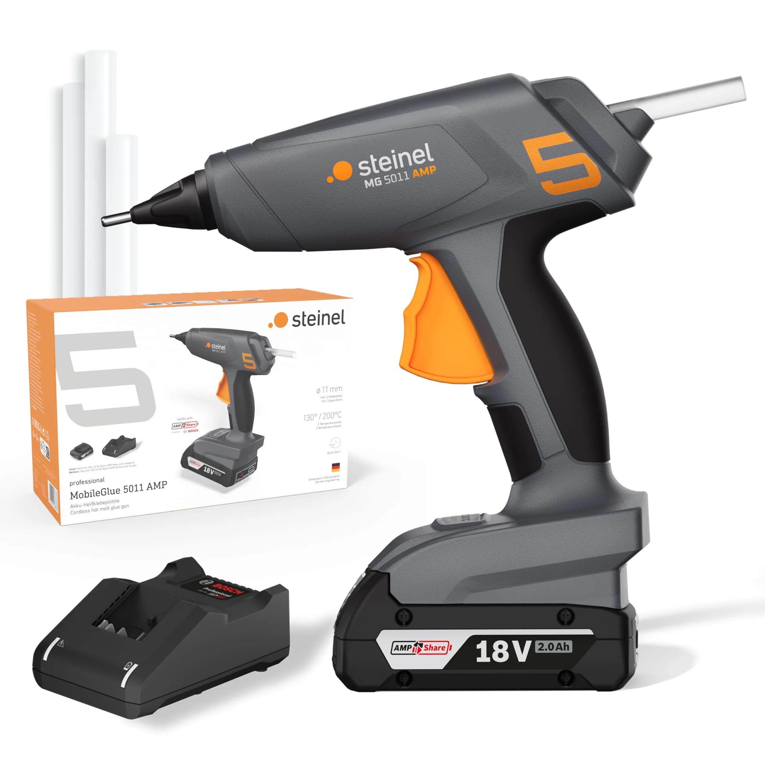 Steinel Pistola de pegamento caliente sin cable MobileGlue 5011 Set incl. batería de 2,0 Ah 18V Bosch AMPShare y barras de pegamento, 130°/200°C
