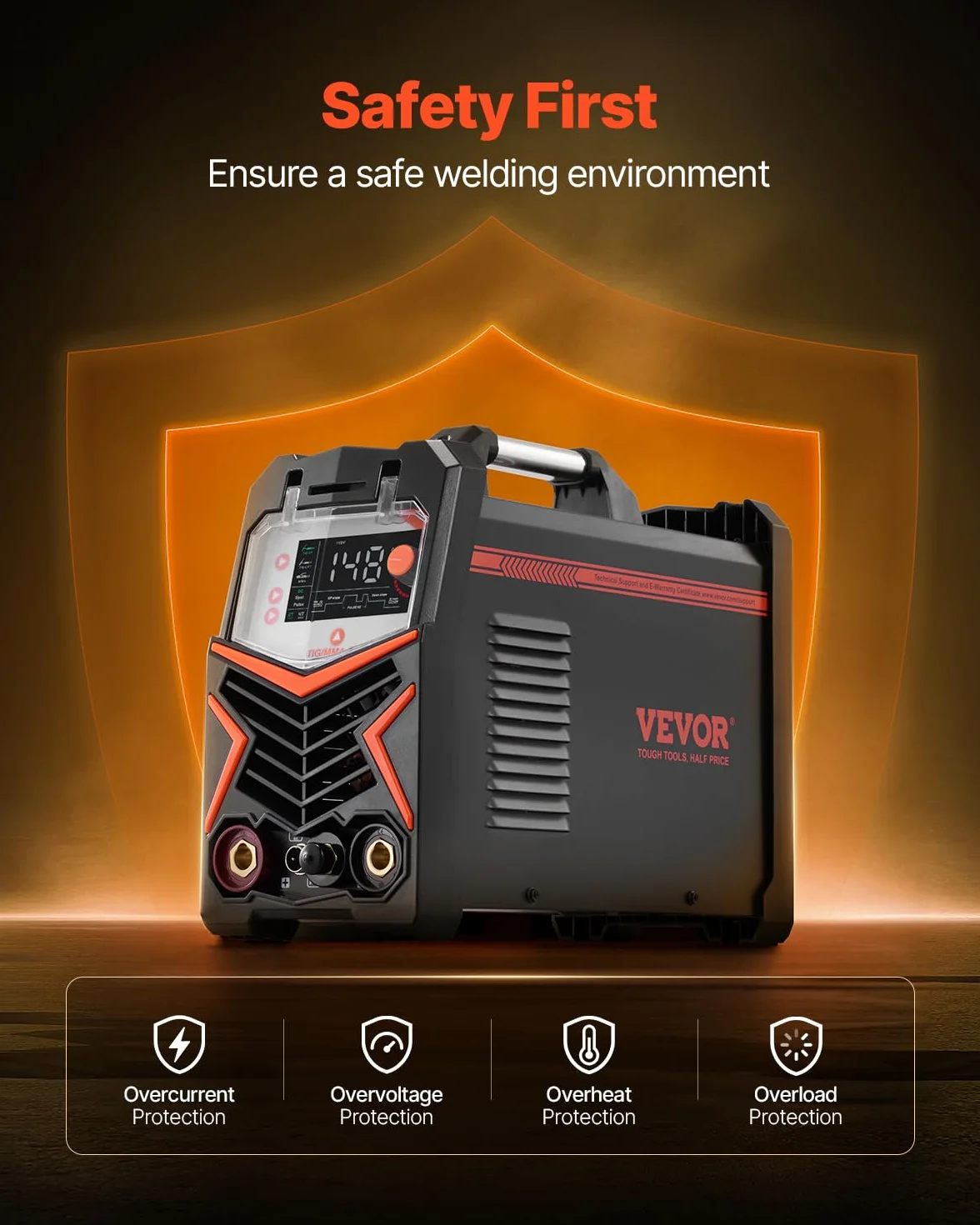 VEVOR Máquina de Soldar TIG 3 en 1 de 205 A, Pantalla LED Grande, Máquina de Soldadura TIG con Inversor IGBT y Arranque de Alta Frecuencia, TIG CC/TIG Pulsado CC/MMA, Varilla, 388 x 160 x 310 mm