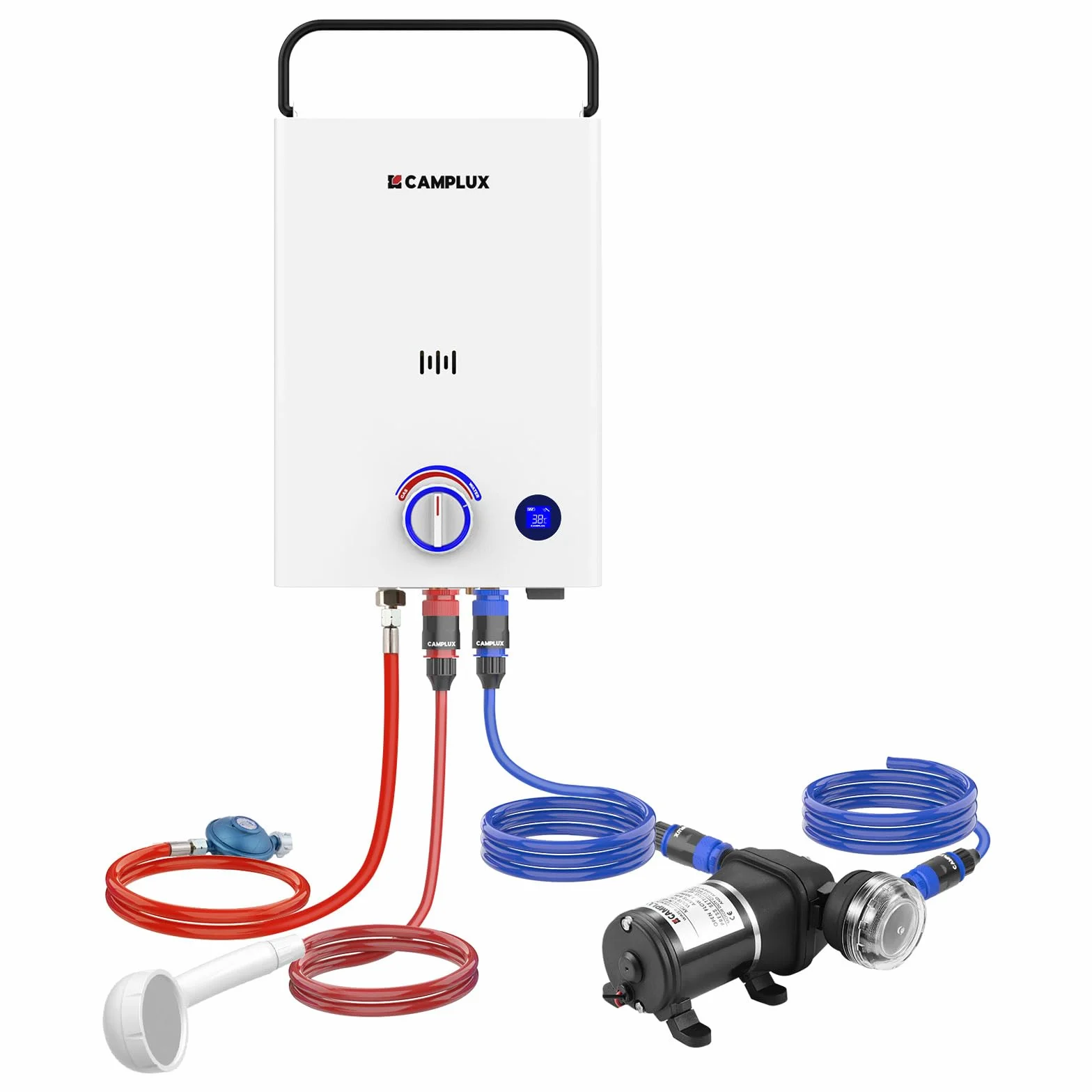 CAMPLUX First 10 L/M Calentador de Agua a Gas con Bomba de Agua & Mango, GPL (50mbar), para Ducha al Aire Libre/Camping/RVs, F10 Pro-DE