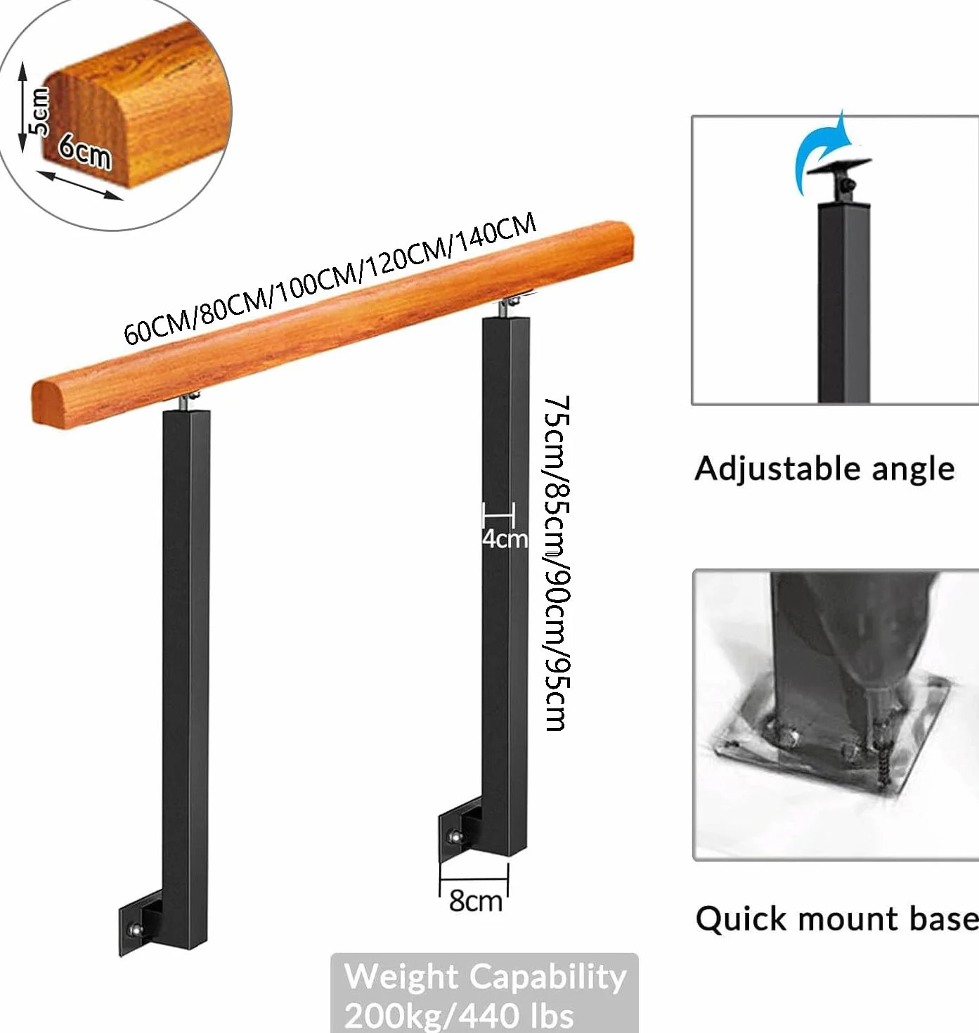 Woodenfor - Barandilla de escalera para exteriores, 1 3 peldaños con 2 piquetes de hierro forjado para escalones seguros (tamaño: 80 cm, color: 90 cm de altura)