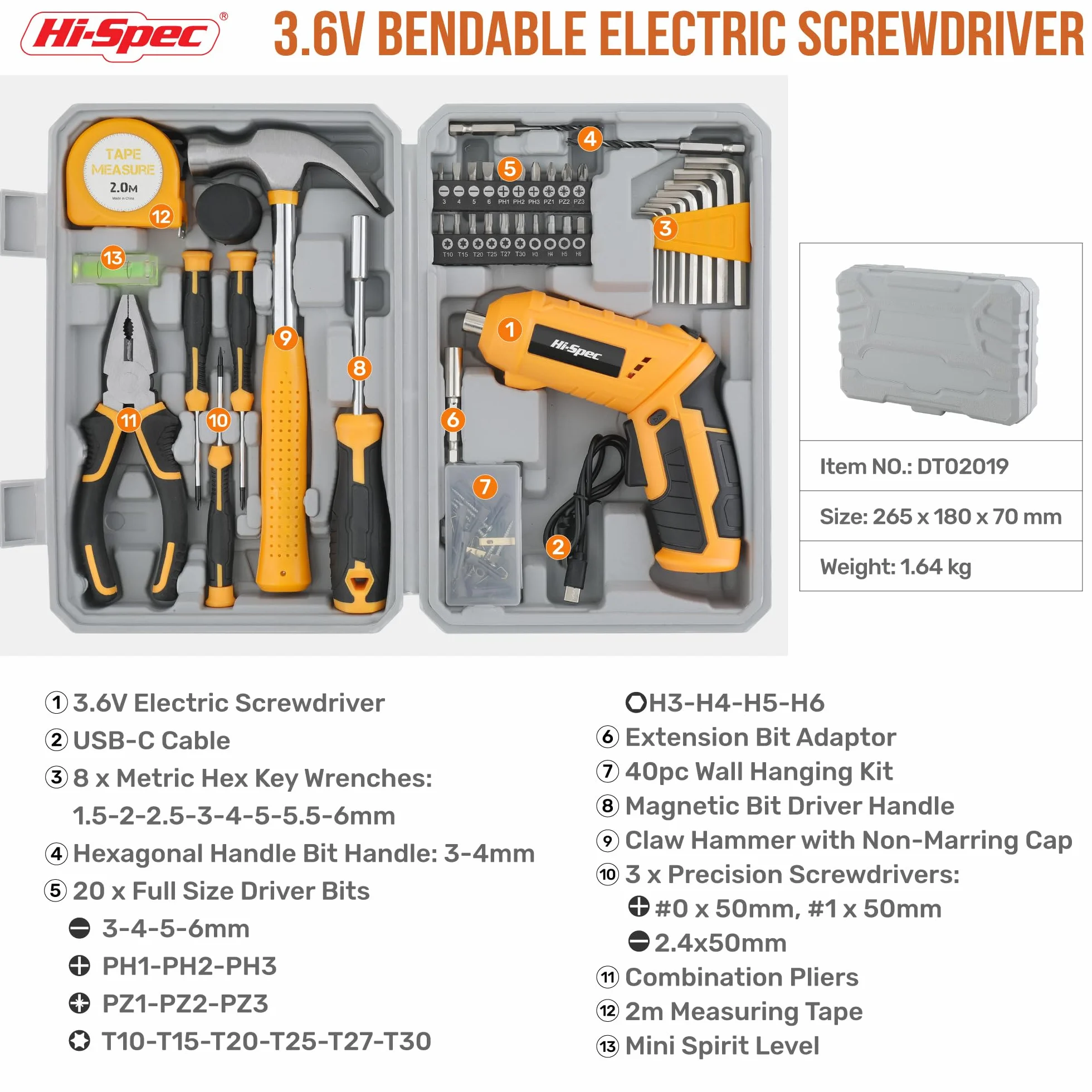 Hi-Spec 42 piezas 4V USB Destornillador eléctrico y juego de herramientas para el hogar conjunto con destornillador inalámbrico y herramientas manuales organizadas en una caja compacta