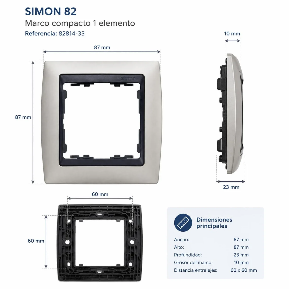 CABLEPELADO Marco compacto para 1 elementos Simon 82 | Marco de 1 elementos y bastidores | ‎82814-33 | Apto para superficie y empotrar | Dimensiones: 89x87 mm | Color Aluminio mate