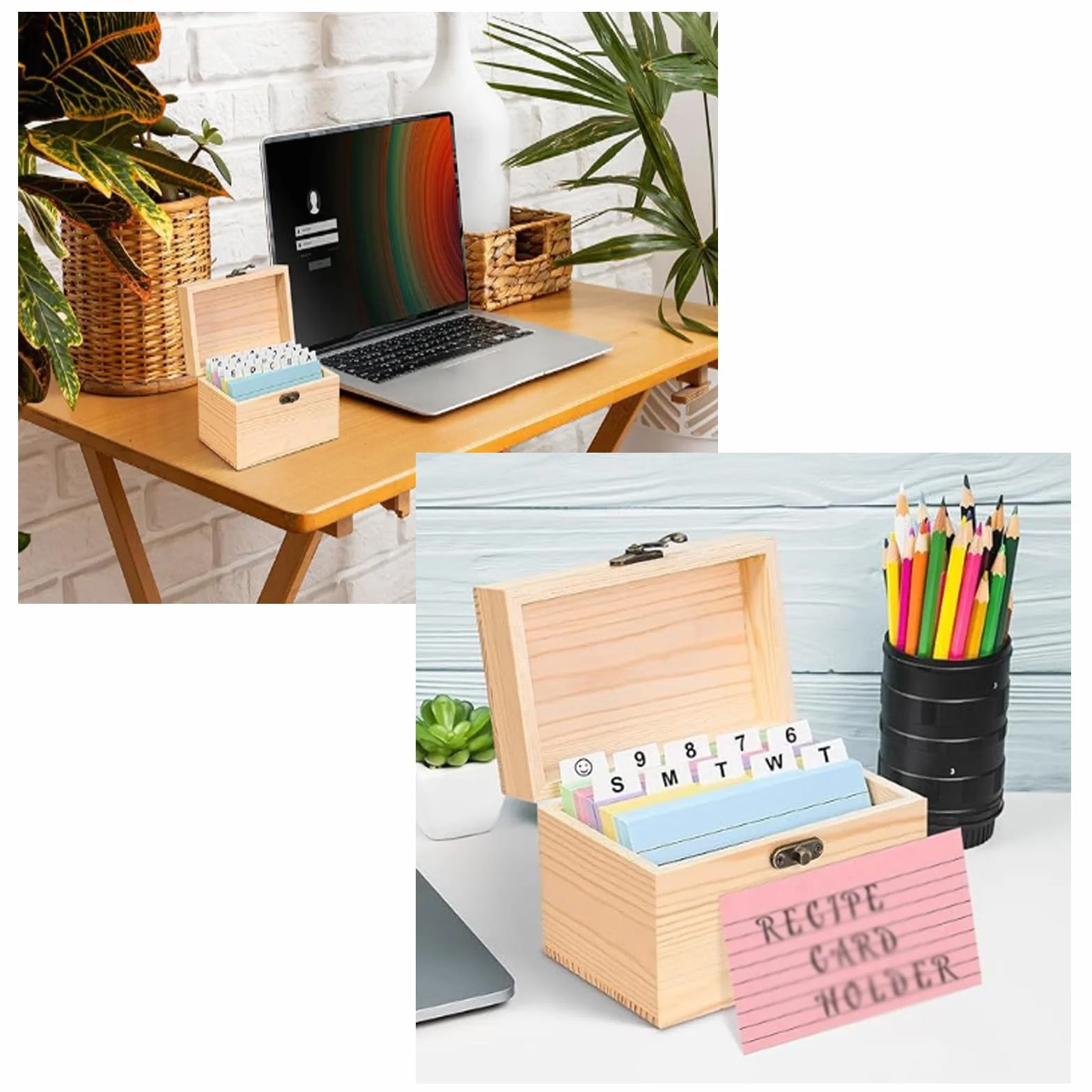 Cajas de recetas de madera con tarjetas, soporte para recetas, organizador de tarjetas de notas, para cocina