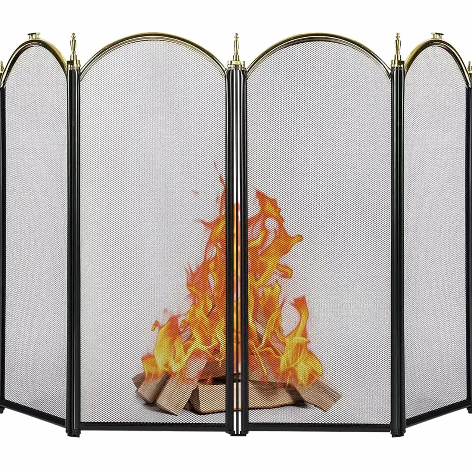 Pantalla decorativa grande de malla metálica negra para la chimenea, con 4 paneles, apta para exteriores y a prueba de niños