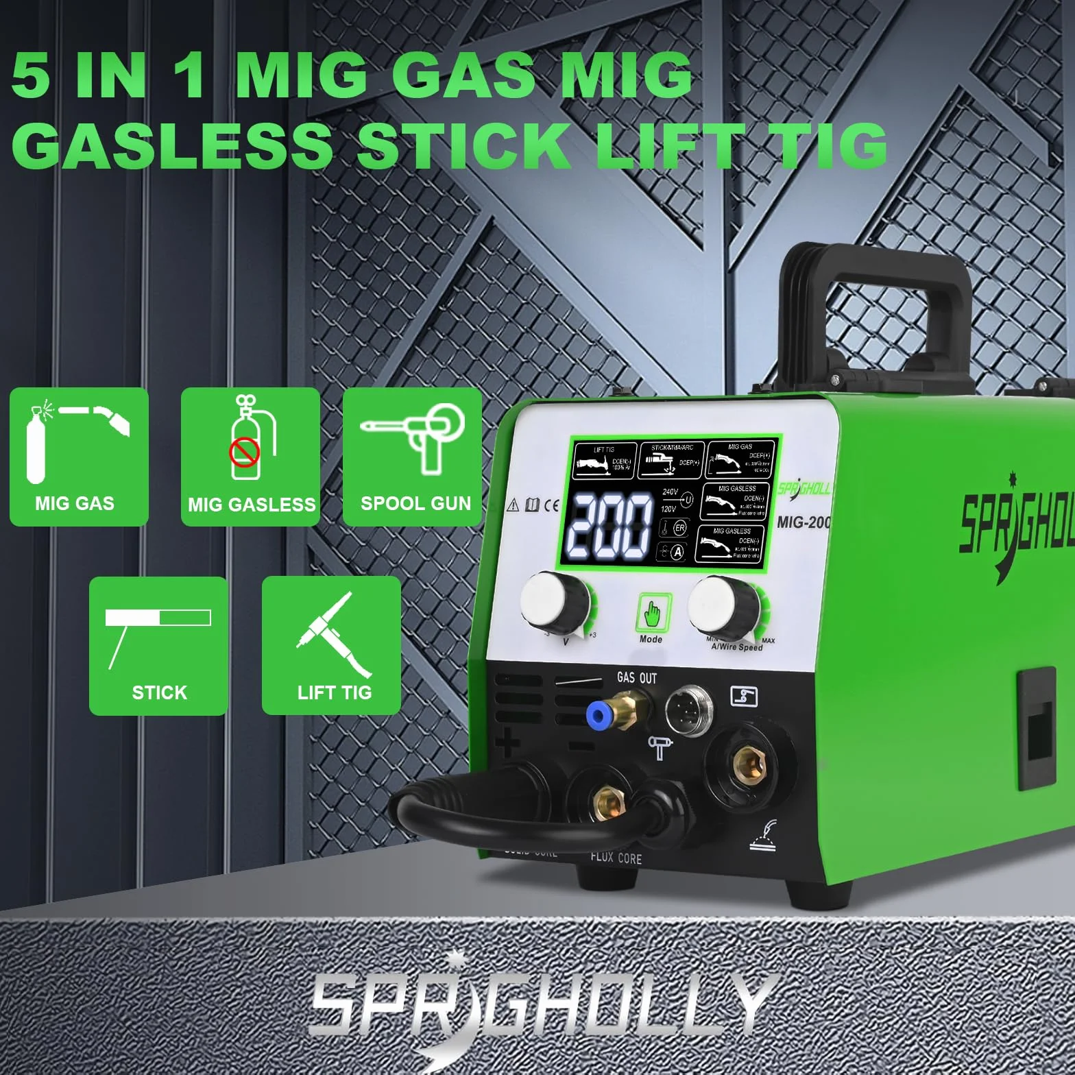 Soldadora 200A 240V – 5 en 1 Multifunción: MIG con Gas, MIG sin Gas, MMA, Lift TIG, Compatible con Pistola de Bobina para Aluminio, Modo Sinérgico, Inverter IGBT y Pantalla LED