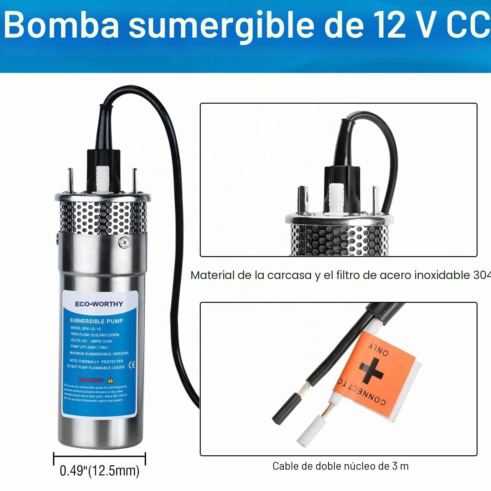DCHOUSE Bomba Sumergible Acero Inoxidable 12V 230 Pies Elevación 100 Piles Pozo Profundo Agua Solar