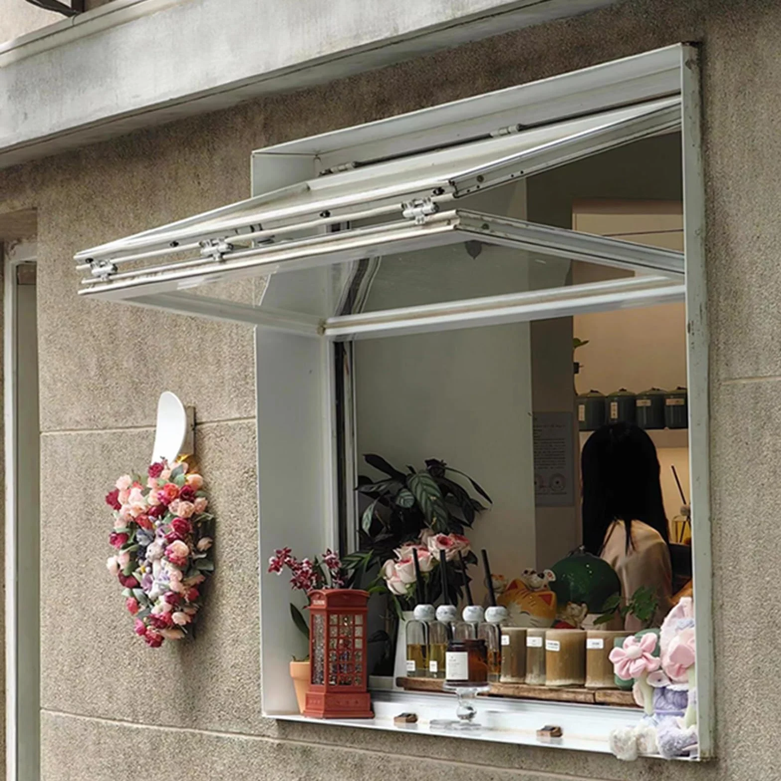Ventana de Guillotina Empotrada Ventana de Concesión con Marco de Aluminio Ventana Abatible hacia Arriba para Cafetería con Manija de Bloqueo(100x120cm)
