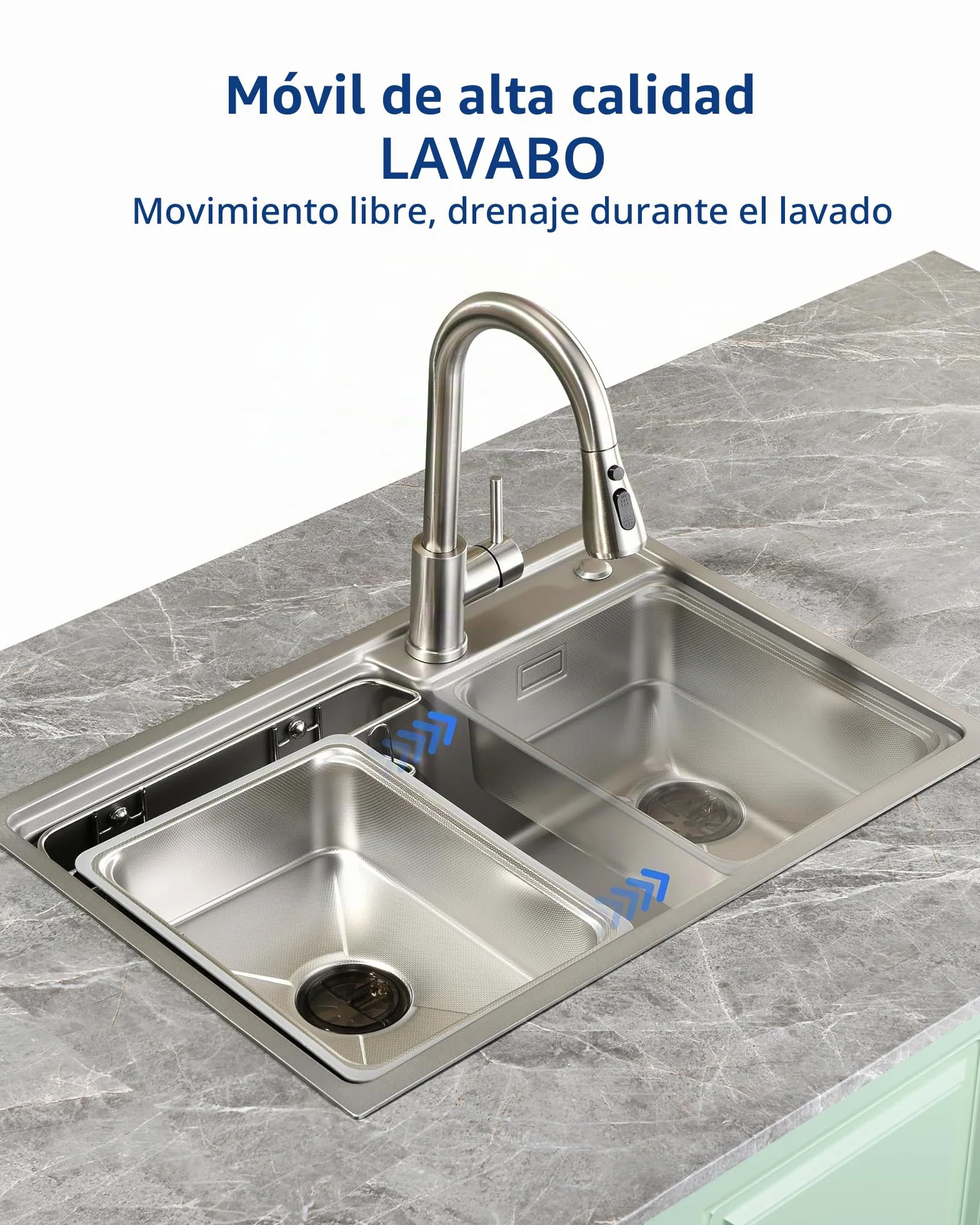Fregadero de Cocina de Acero Inoxidable 68x46 cm, 1 Cubeta con Sifón, Desbordamiento y Accesorios de Vaciado, Fregadero Moderno Multifuncional para Encimeras > 80 cm (Plateado)
