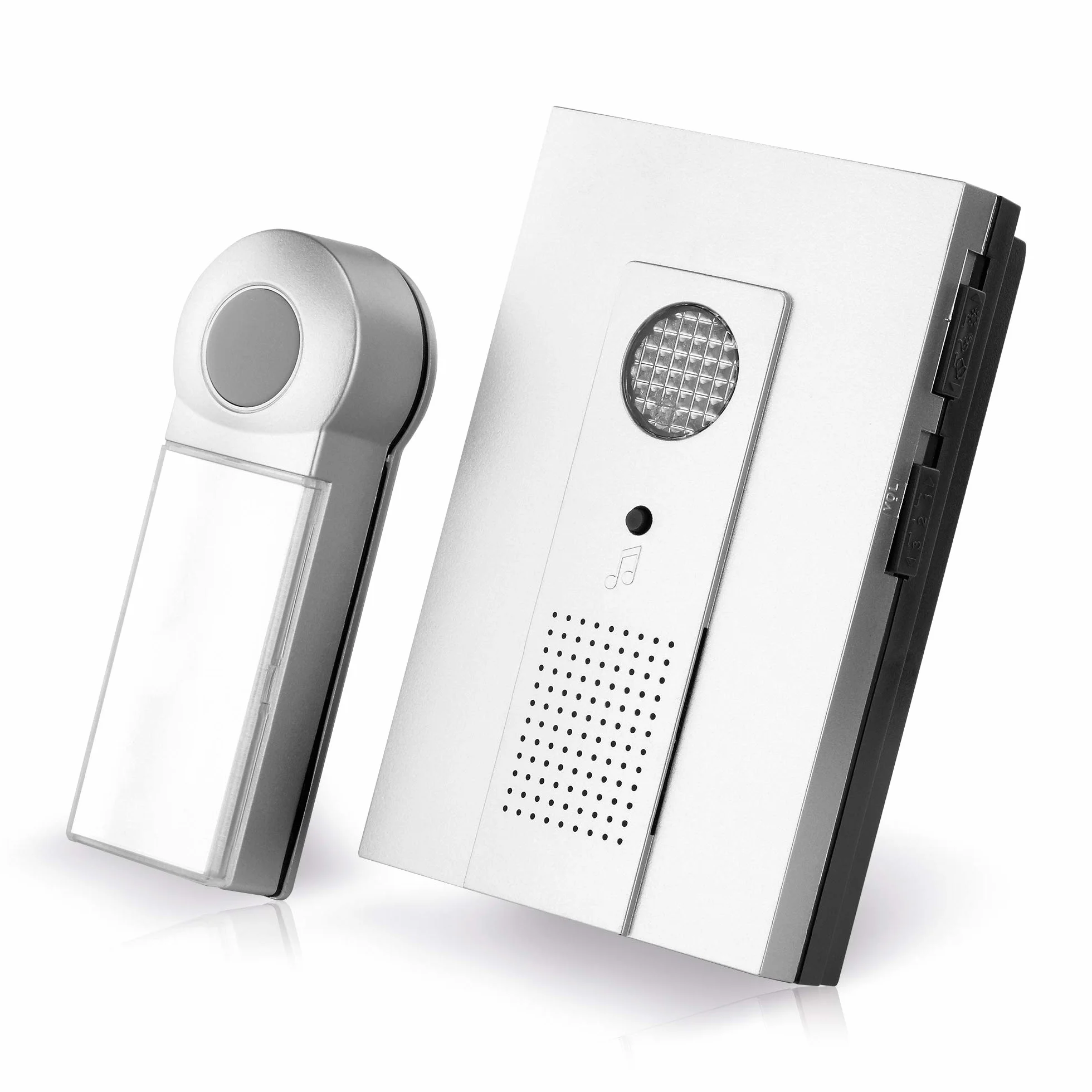 conecto Juego de Timbre inalámbrico, pulsador y Timbre, Alcance de 100 Metros, 16 Tonos de Llamada, inalámbrico, Funciona con Pilas, Plateado