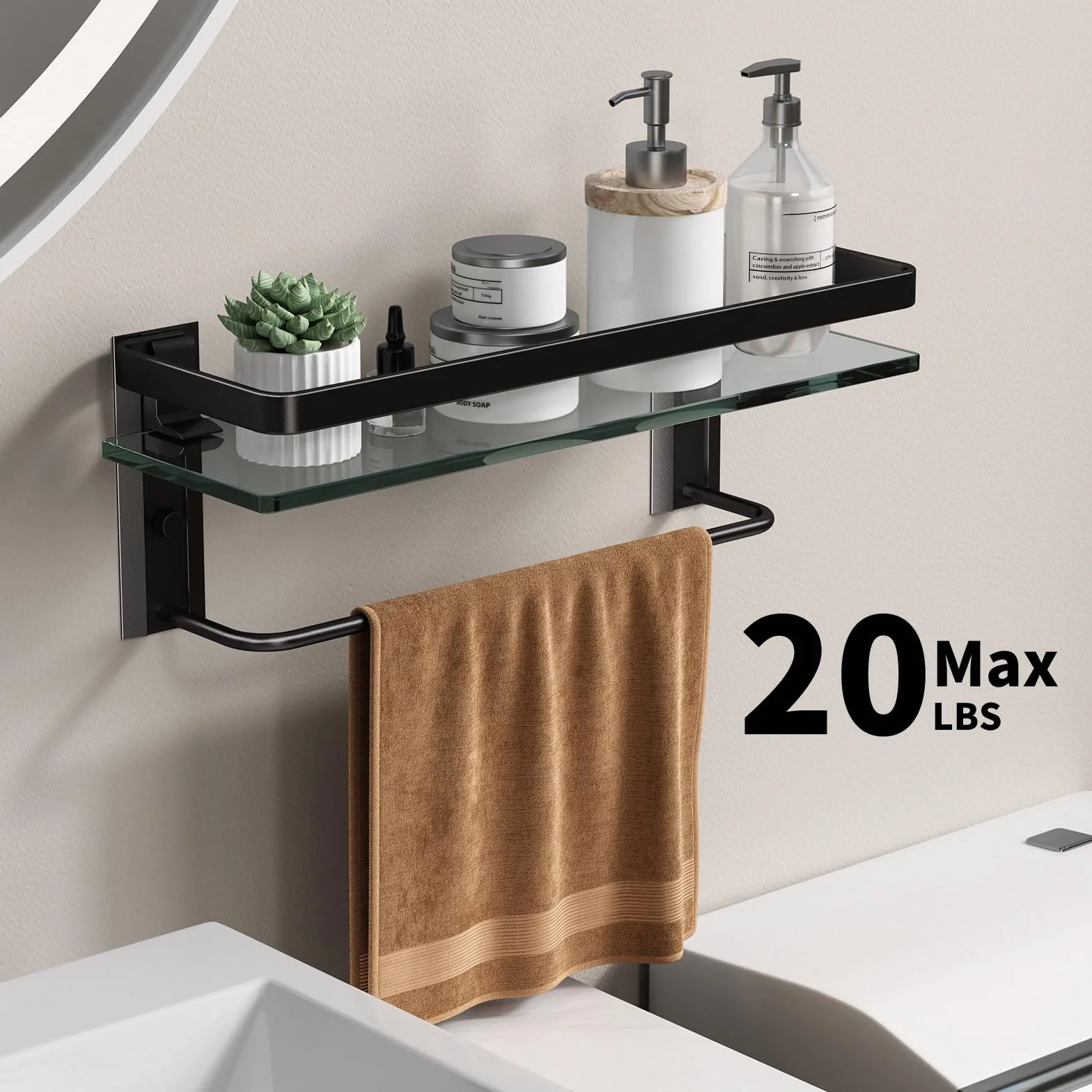Danpoo Estantes de baño de cristal montado en la pared con toallero, estante organizador de baño, color negro
