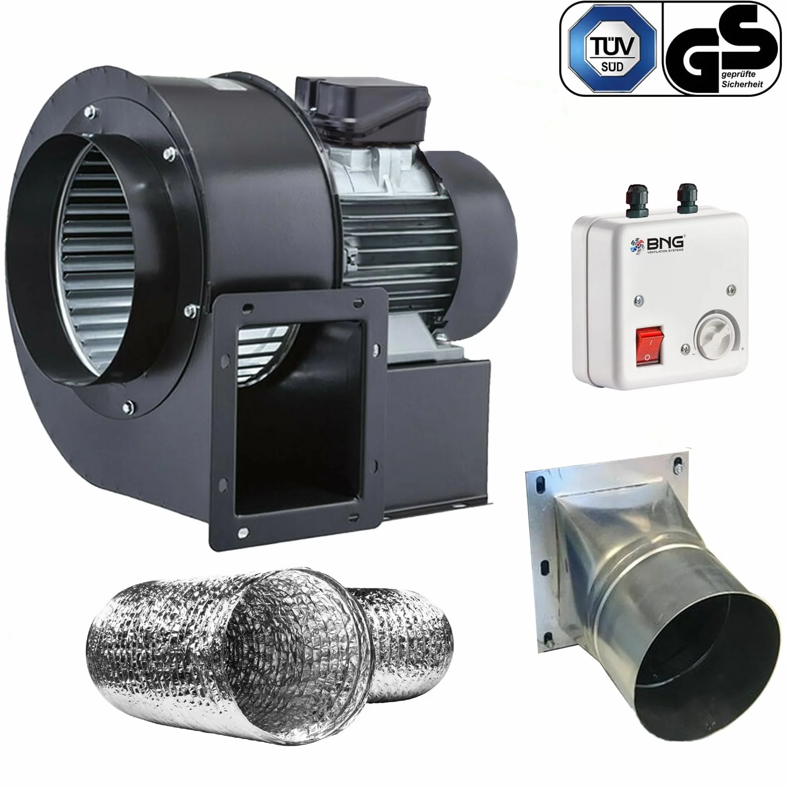 Turbo - Ventilador centrífugo centrífugo (1800 m3/h, 230 V, brida, tubo flexible y regulador)