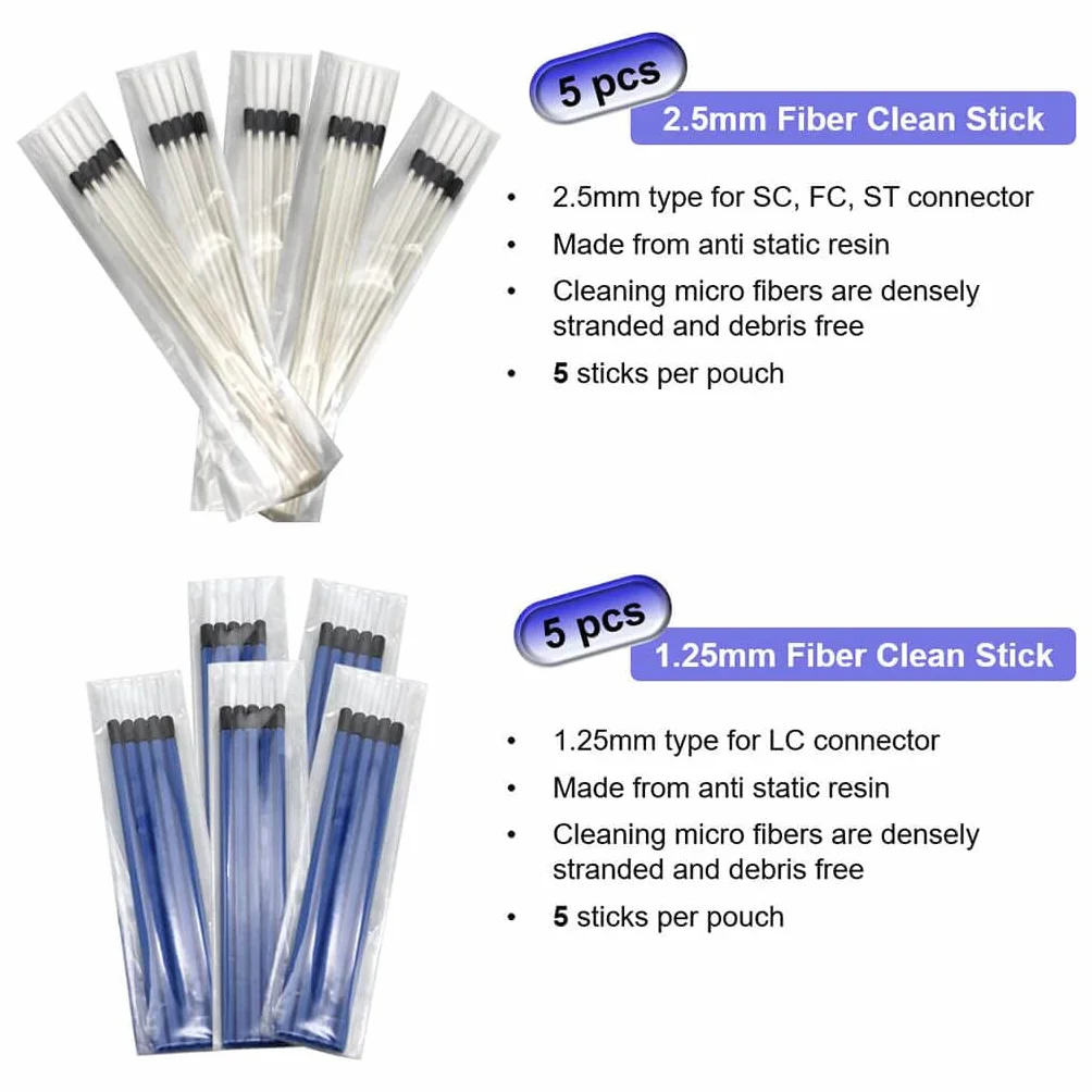 Fiber Optic Cleaners Kit de limpieza de fibra óptica 1.25mm/2.5mm One Click Cleaner Pens limpiador para fibra óptica Herramientas con Cleaning Casete Sticks Wipes para conectores FC SC ST LC MU