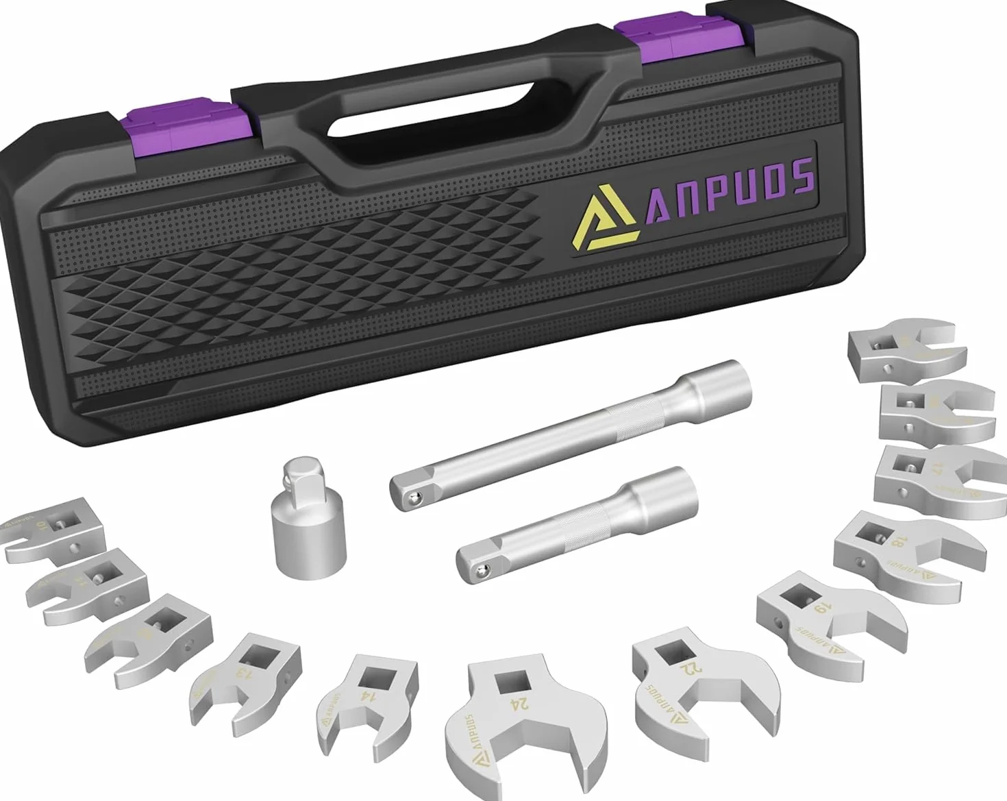 ANPUDS Juego de Llaves de Garra 3/8", 15 Piezas Métricas Llave Dinamométrica Boca Abierta con Diseño en V con Barras Extensión 75/125mm, Adaptador 1/2''-3/8'' y Caja Almacenamiento Portátil