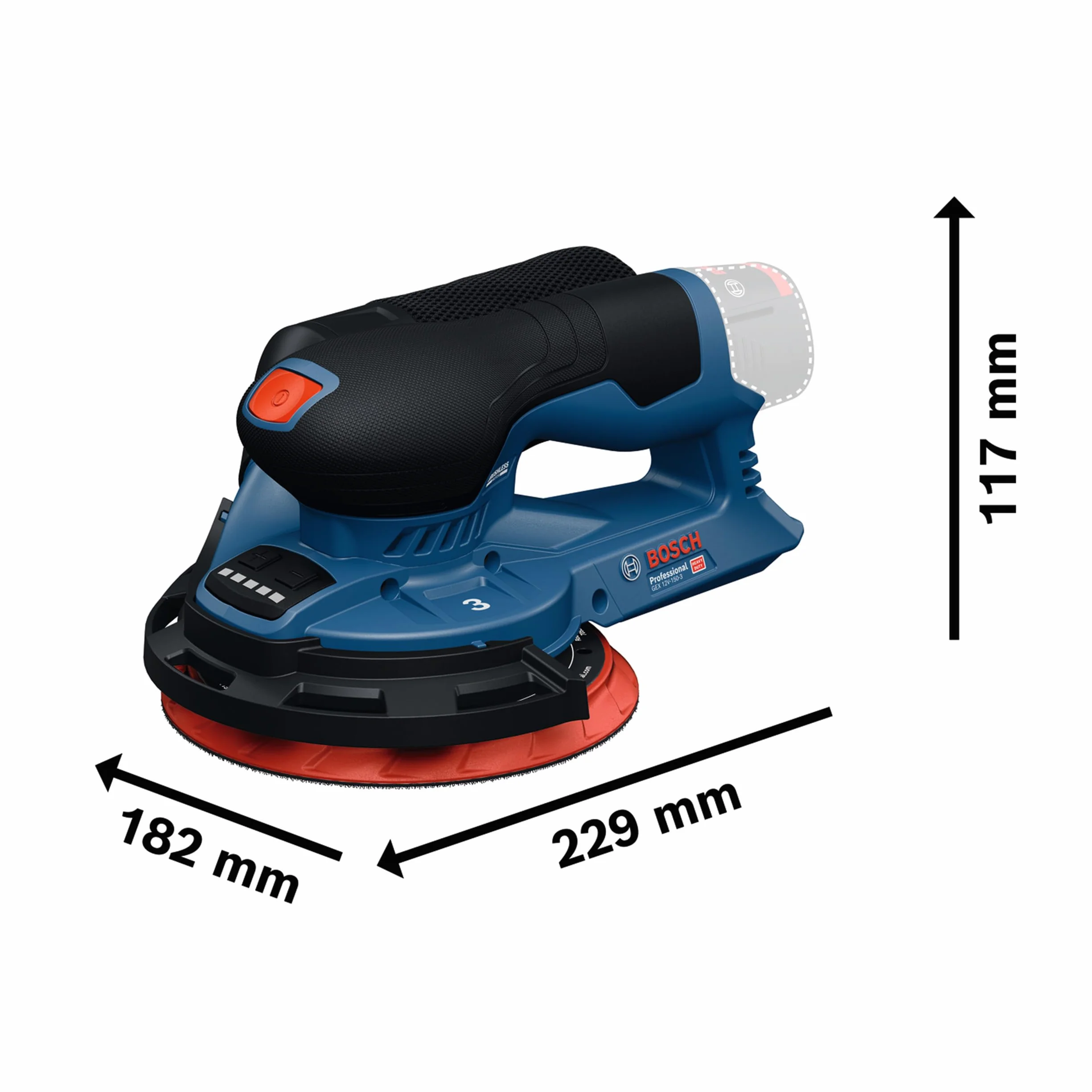 Lijadora excéntrica a batería Bosch Professional 12V GEX 12V-150-3 (incl. plato de lija, hoja de lija, anillo protector, saco para polvo, L-BOXX 162)