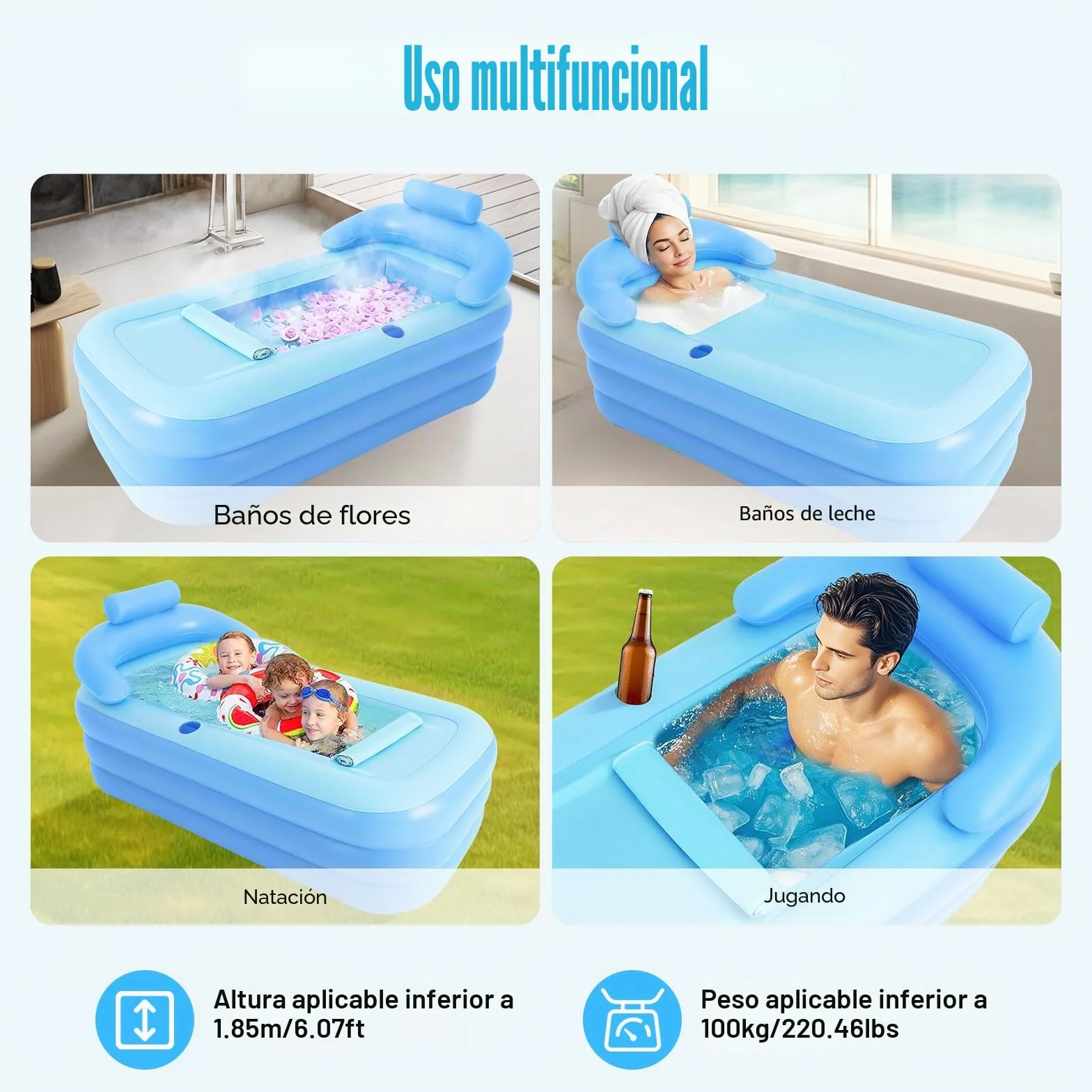 Bañera Inflable, PVC Plegable Adultos Bañera de Ducha Bañera de Ducha Móvil Portátil para Spa Baños de Hielo Camping 160 x 84 x 64 cm