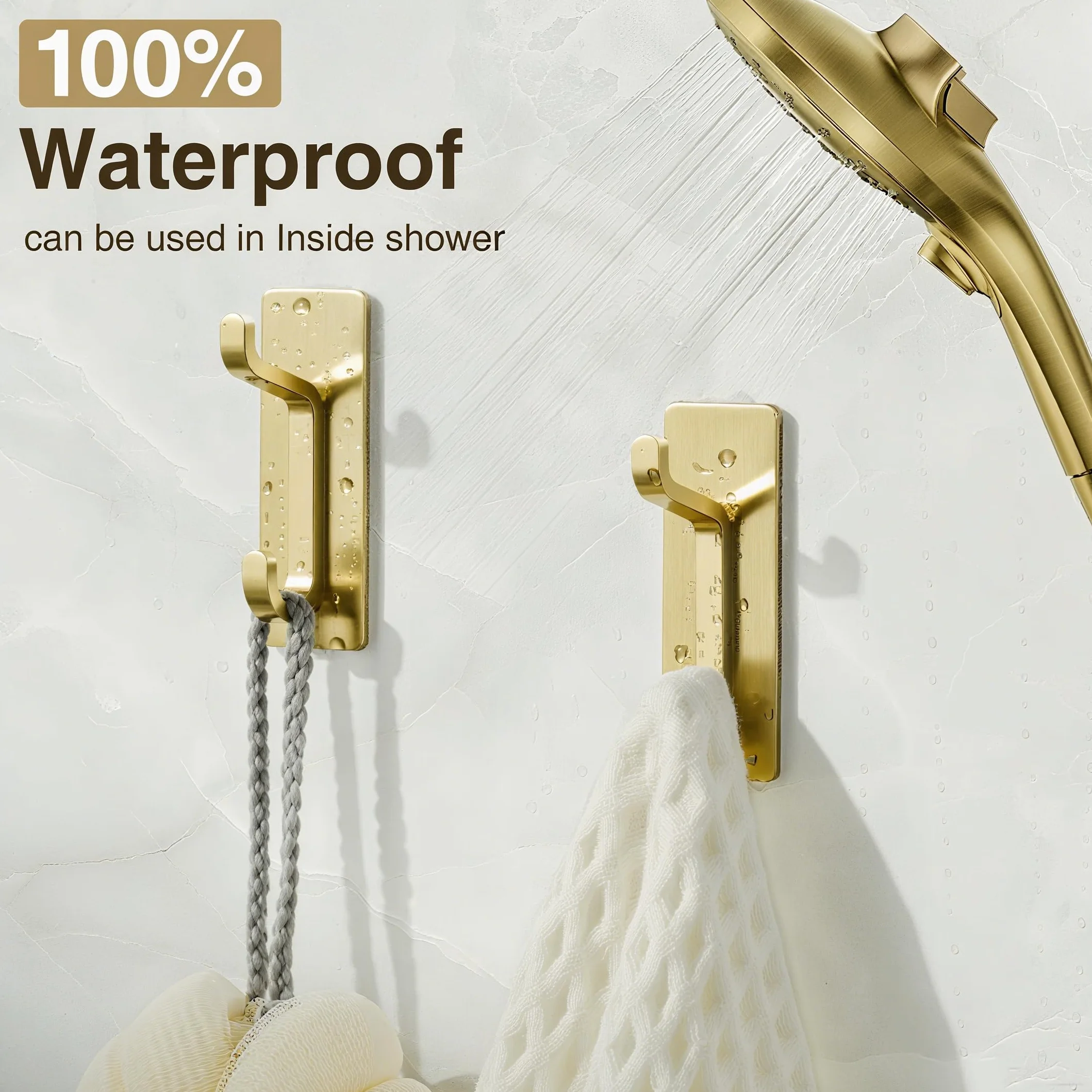 Josmimic Toallero sin taladro: ganchos adhesivos extra fuertes de 6 kg, ganchos de pared autoadhesivos para baños, ganchos para toallas y abrigos, juego de 4, dorado