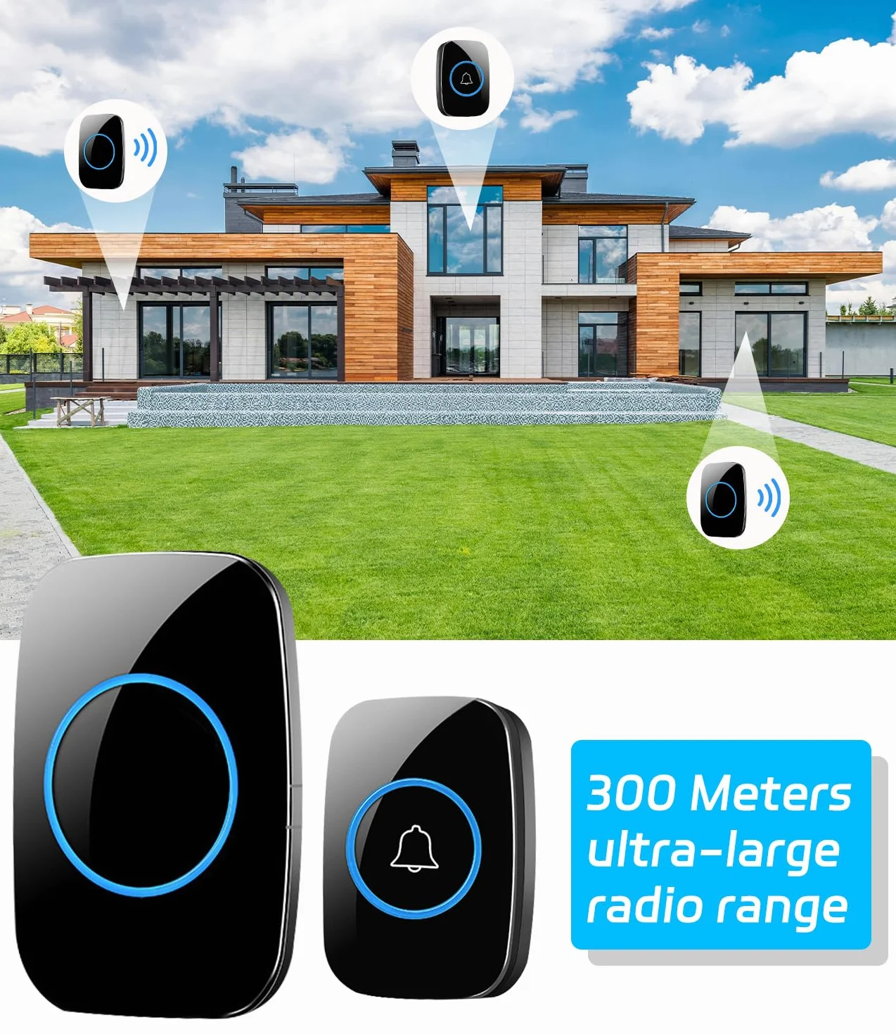 Timbre Inalámbrico Exterior Impermeable,Ip55 Kit De Timbre Inalambrico Doorbell Con 60 Melodías, Led Azul Para El Emergencias Hogar Oficina Hotel,300 metros Timbre Negro Timbre Casa Interior