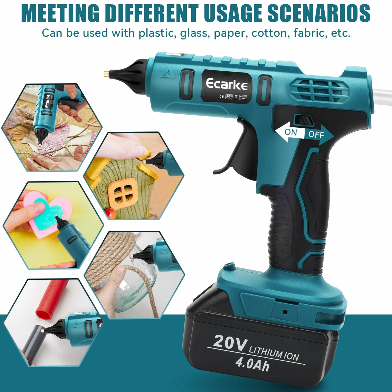 Ecarke Pistola de Pegamento Inalámbrica Compatible con Batería de Litio Makita 18V - Ideal para Reparaciones, Manualidades y Bricolaje - Incluye 20 Barras de Pegamento(Solo Herramienta)