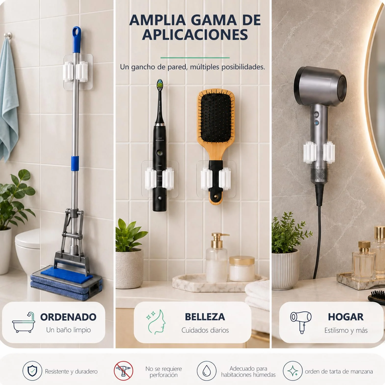 4 Piezas Colgador Escobas y Fregonas, Soporte Escobas Pared, Colgador Escoba, no Requiere Perforación, Apto para Cocina, Baño, Jardín, Garaje